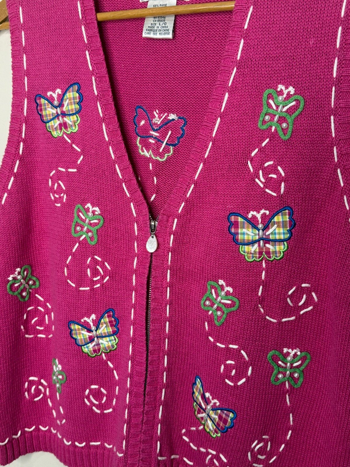 Vintage Mandal Bay Pink Zip Up Sweater Vest Butterflies Sz LG Cottage Grandma