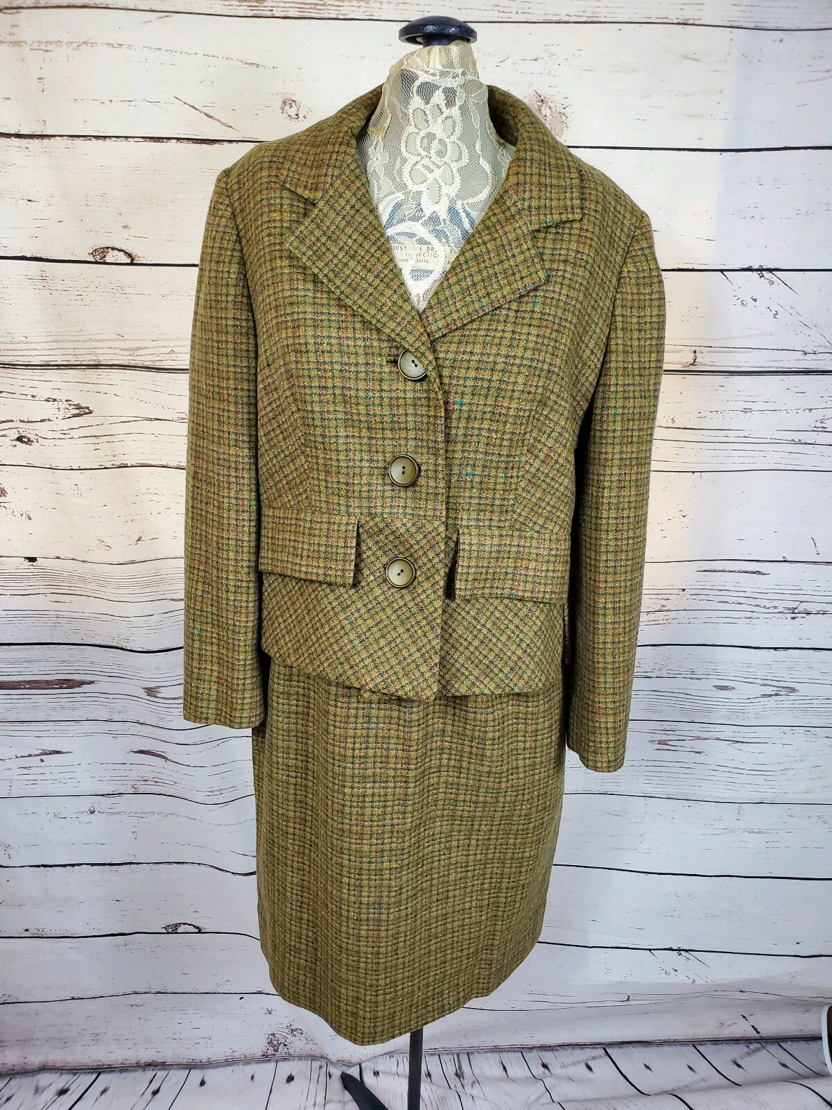Vtg 50’s Ransohoffs sz S Skirt Suit Olive Multi Plaid Wool Couture Specialties