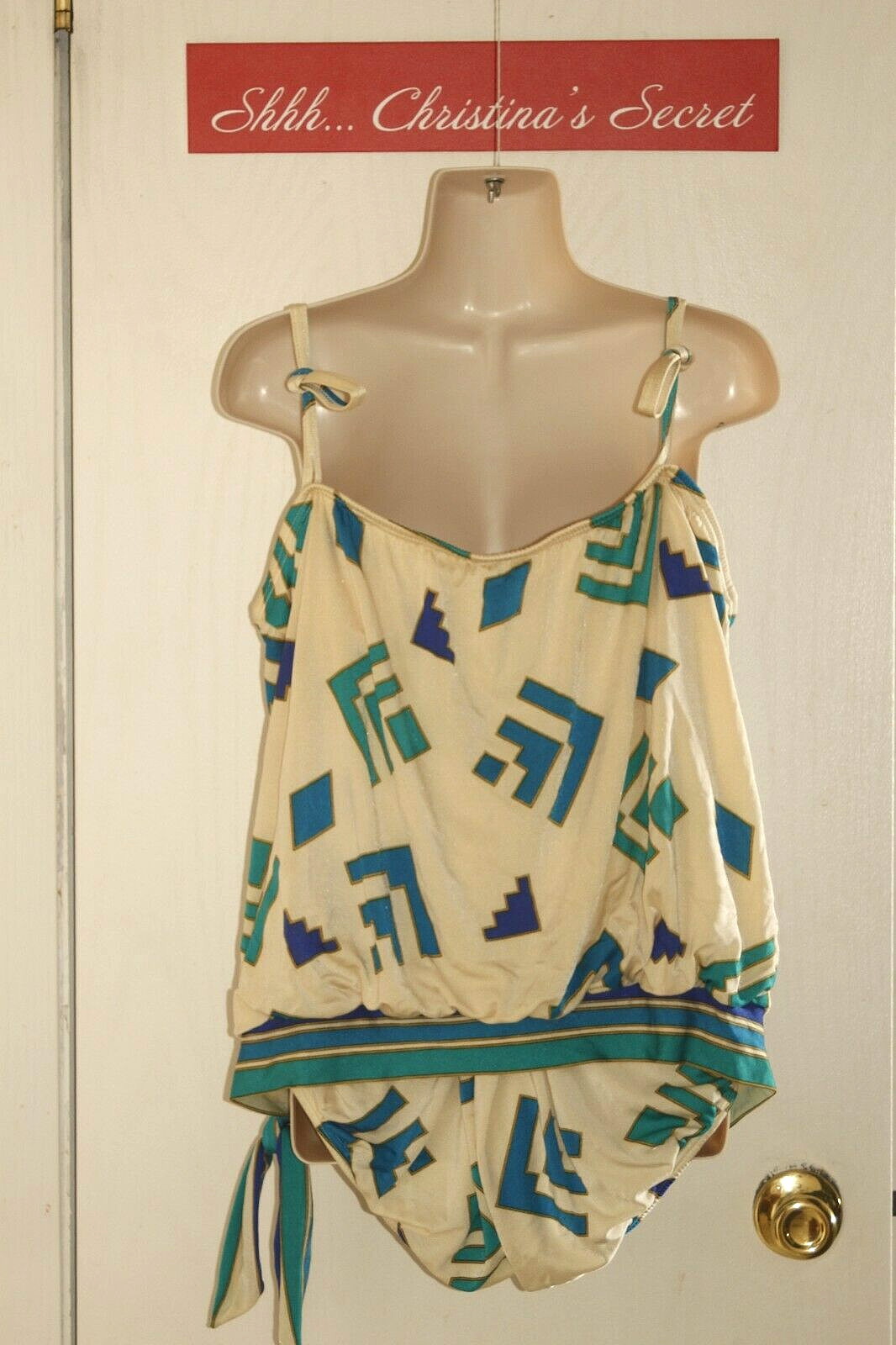 VINTAGE SEA QUEEN 70s 80s Tankini Top Bottom 2 Pc Swimsuit Ivory Blue Green 18