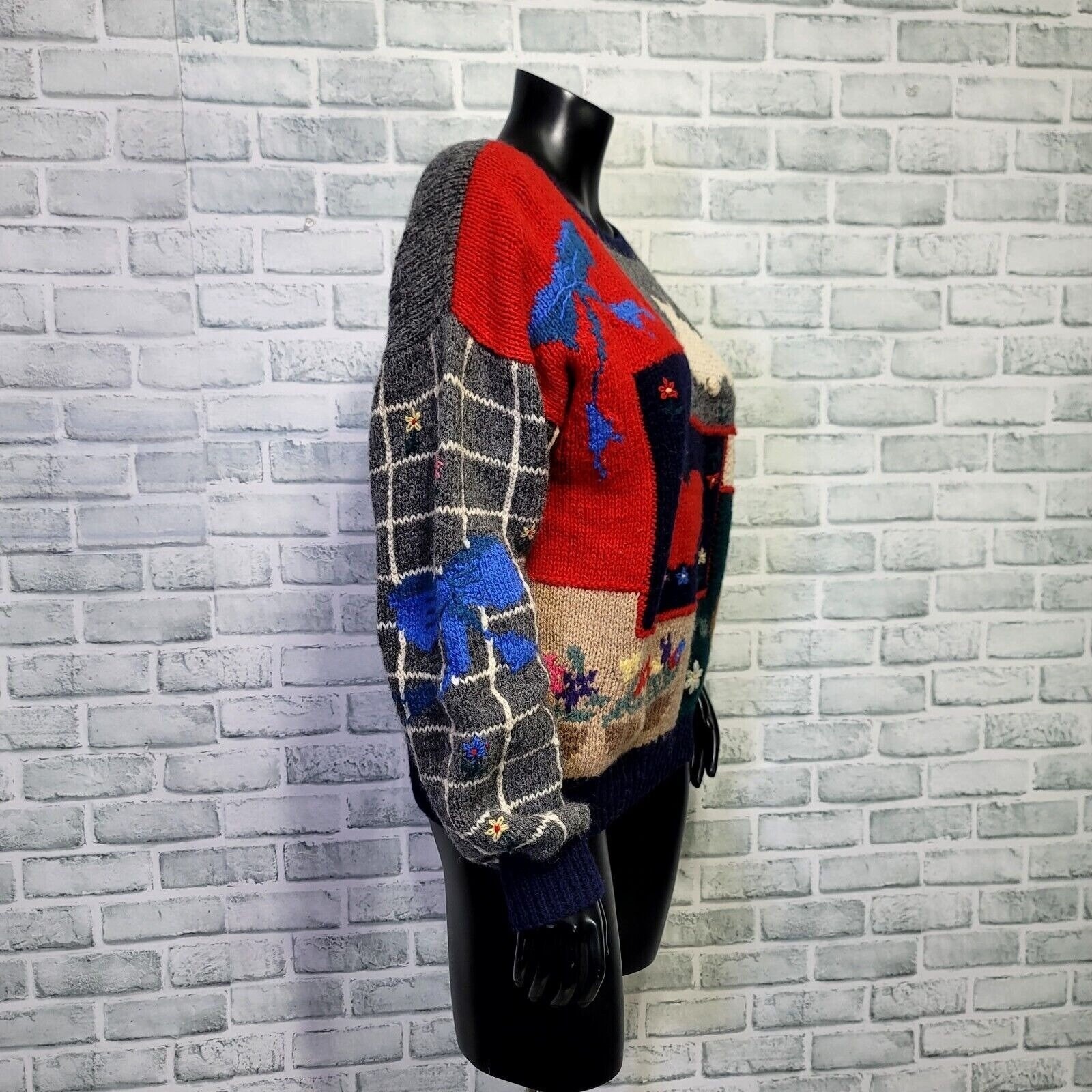 Vintage 80s Deans of Scotland Shetland Wool Novelty Patchwork Animal Sweater M
