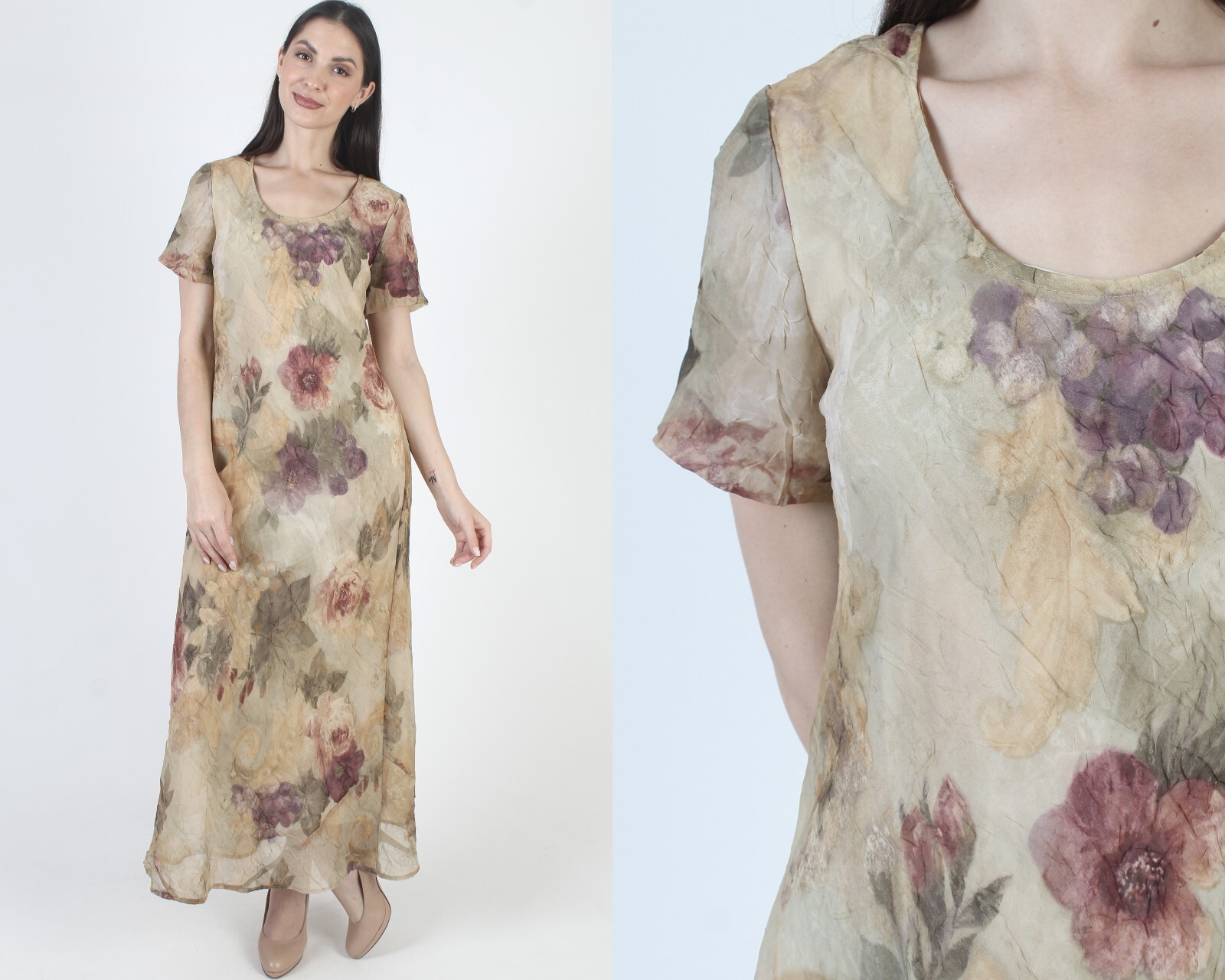 Vintage 90s Romantic Floral Dress Gypsy Y2K Slip Sundress Long Slim 00s Maxi 8