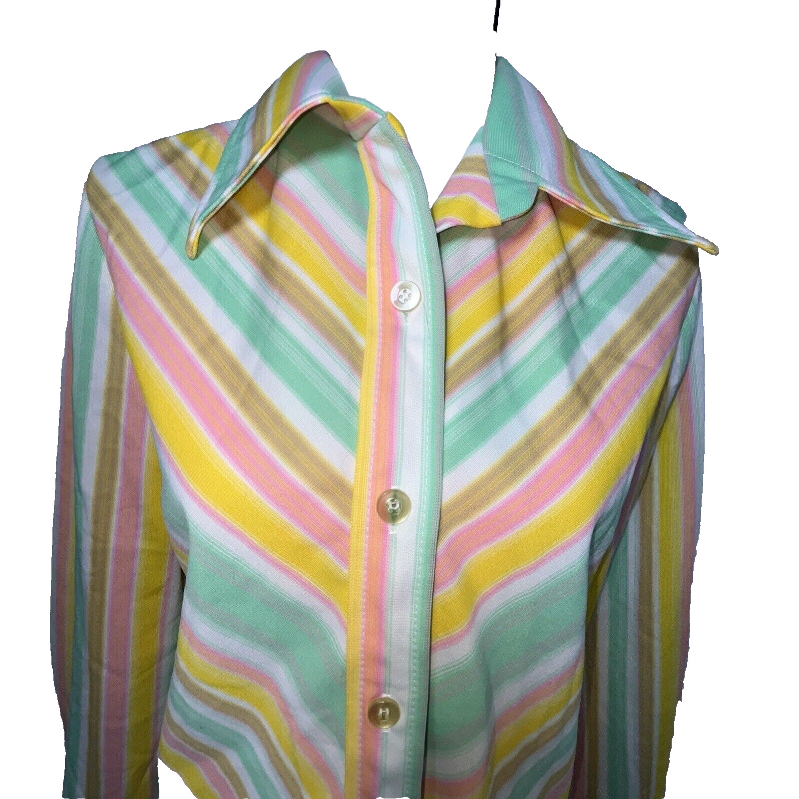 Vtg Shirt 70s Polyester Top Collar Spring Pastel Stripes Pink Aqua Brown L XL 40