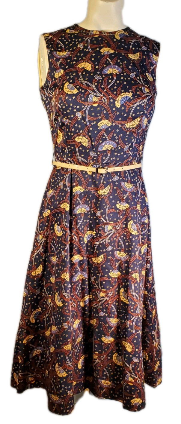 VTG 70’s original sleeveless midi cotton oriental fan botanical print Sz 4-6