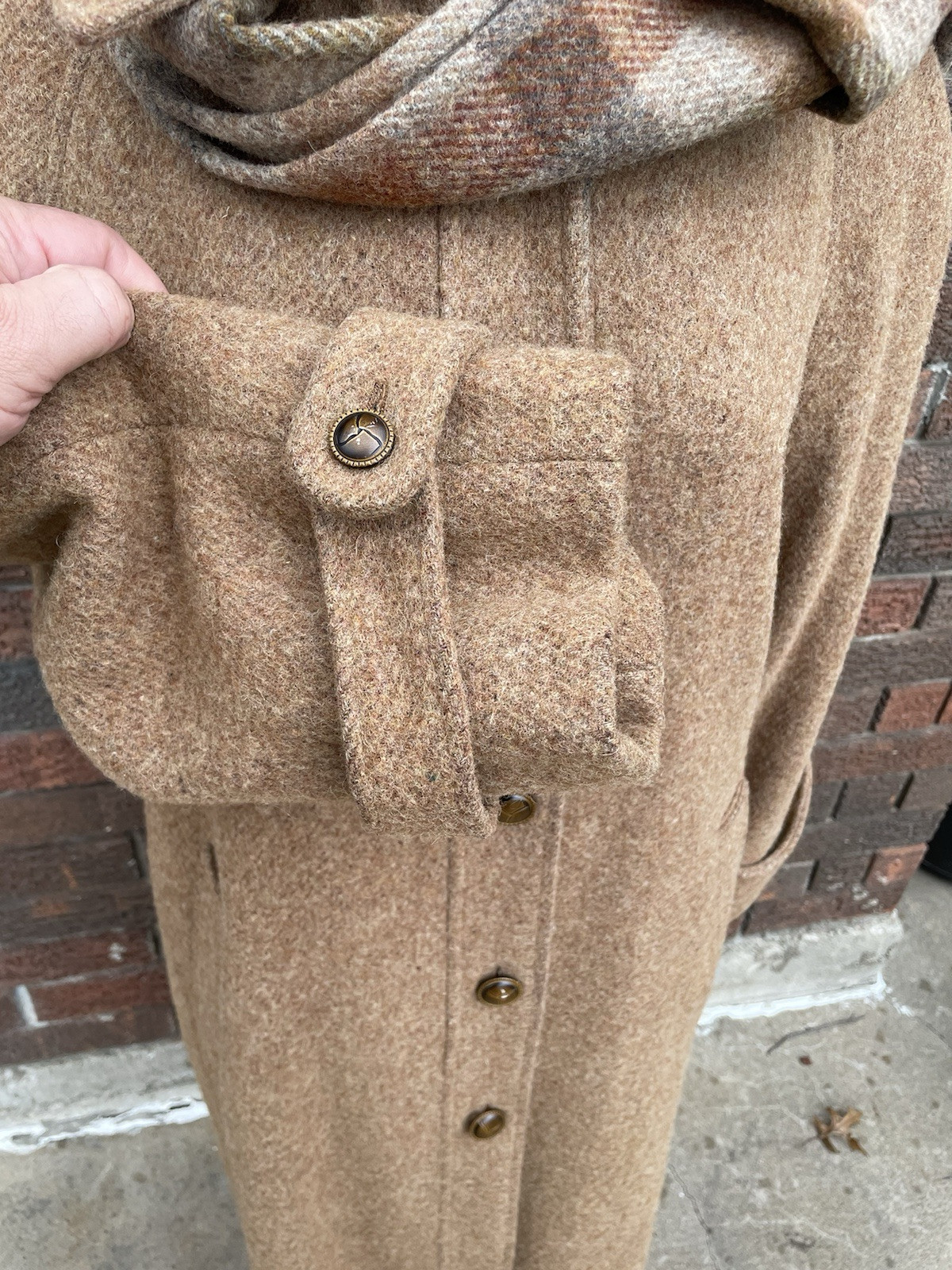 Vtg 70s Brown Wool Heavy French Coat w/ Built In Scarf Wrap Full Length Womens M