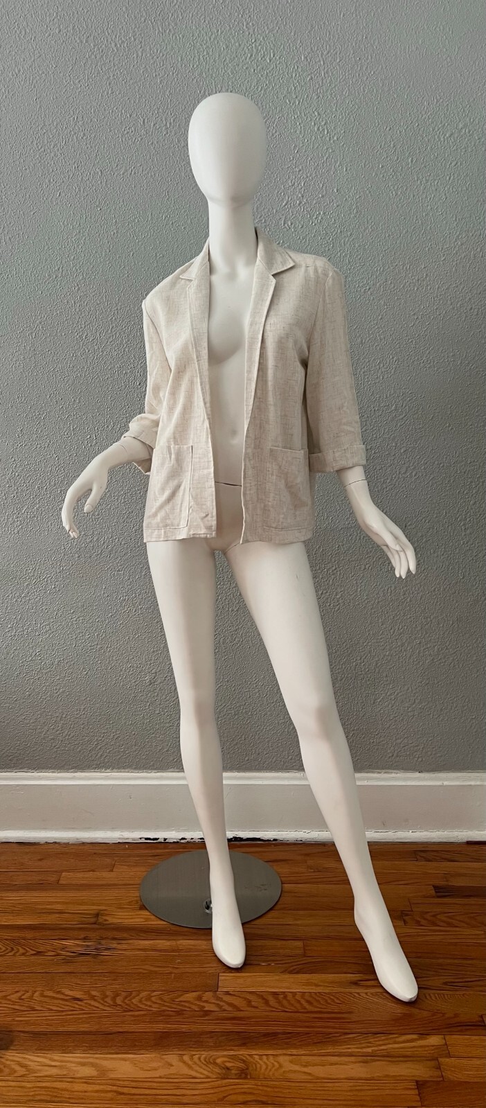 Vintage 70s Light Beige Oversized Thin Casual 3/4 Sleeve Open Blazer Jacket S