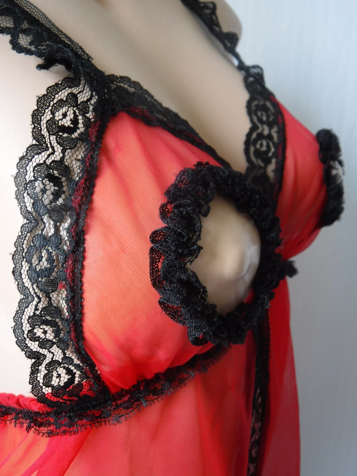 VTG 70s FREDERICKS of HOLLYWOOD Red Chiffon Lingerie Top Nipple Cut Outs S RARE!