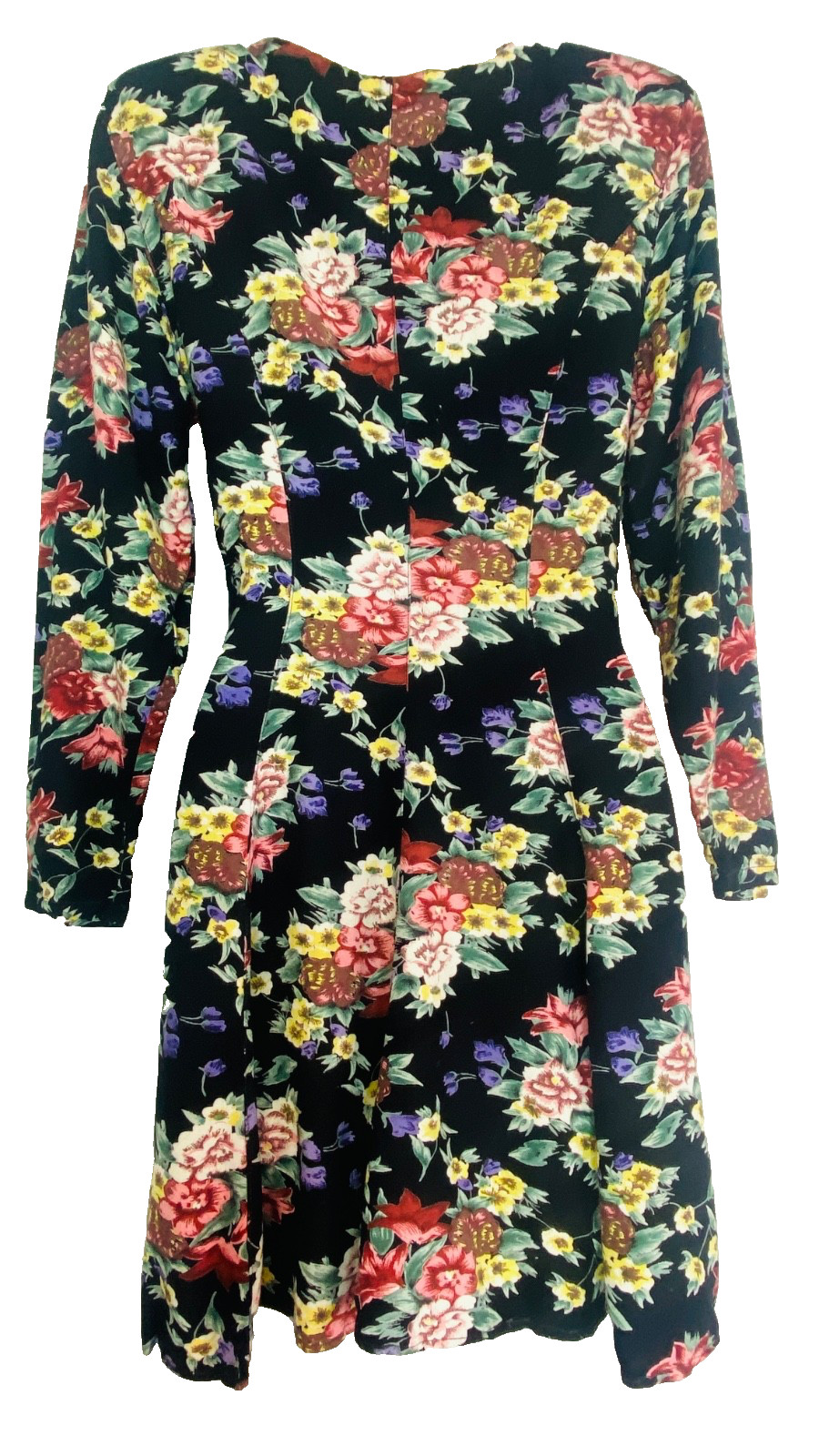 Vintage 1990s black floral mini dress S rayon long sleeve shoulder pads colorful