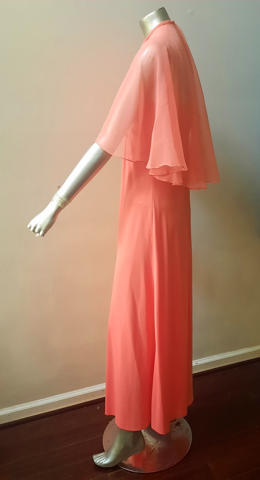 LORRI DEB 70S PEACH MAXI DRESS CHIFFON ATTACHED CAPELET SHAWL VTG PARTY sz S/M