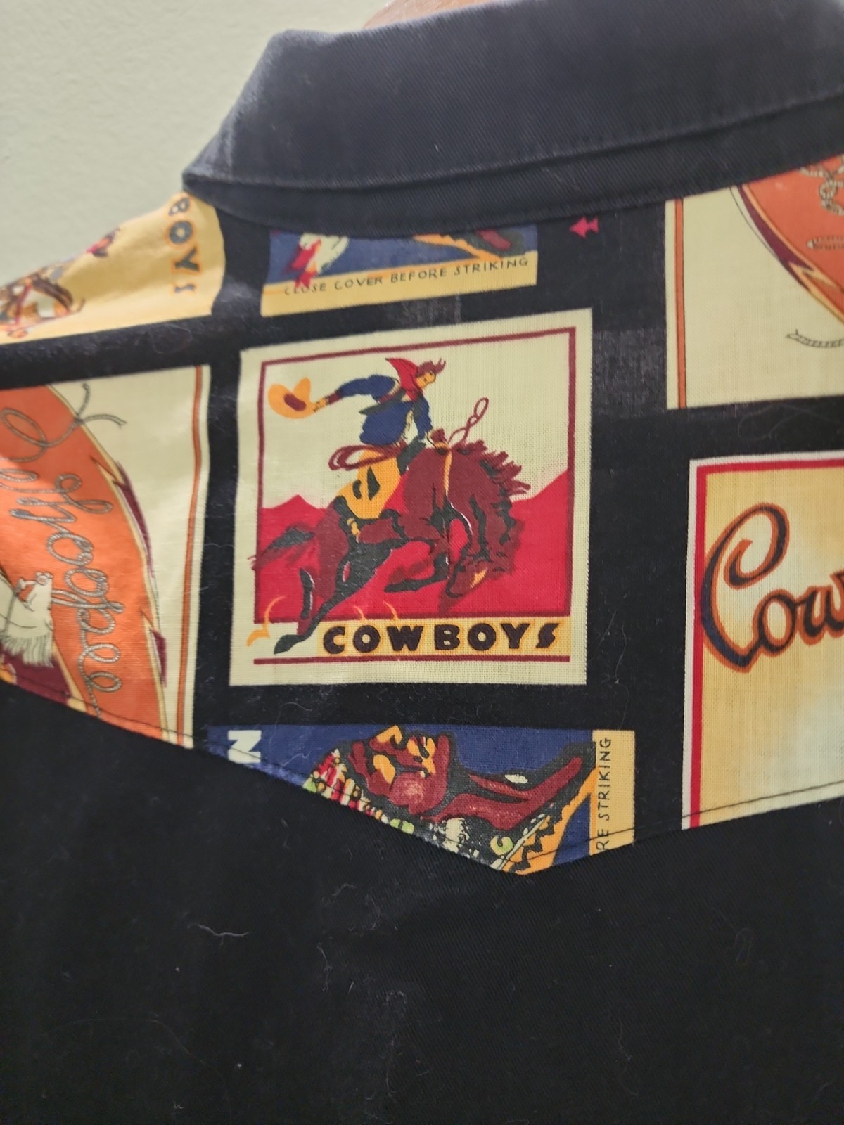 Vintage Banjo Dallas Texas Western Shirt Womens XL Black Cowboy Print Cotton USA