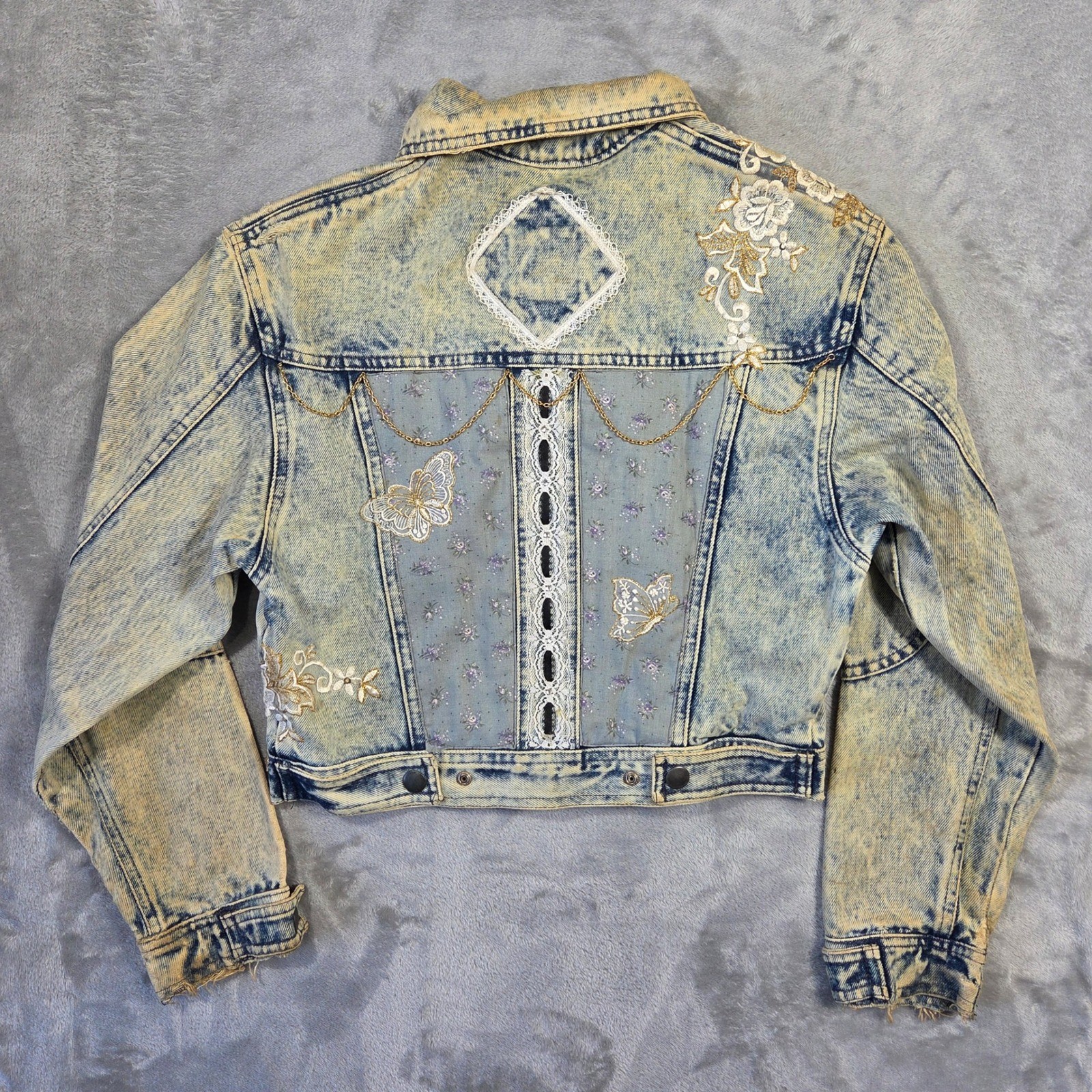 Vintage YR Acid Wash Upcycled Denim Jacket Butterflies Lace Crop S Retro Y2k