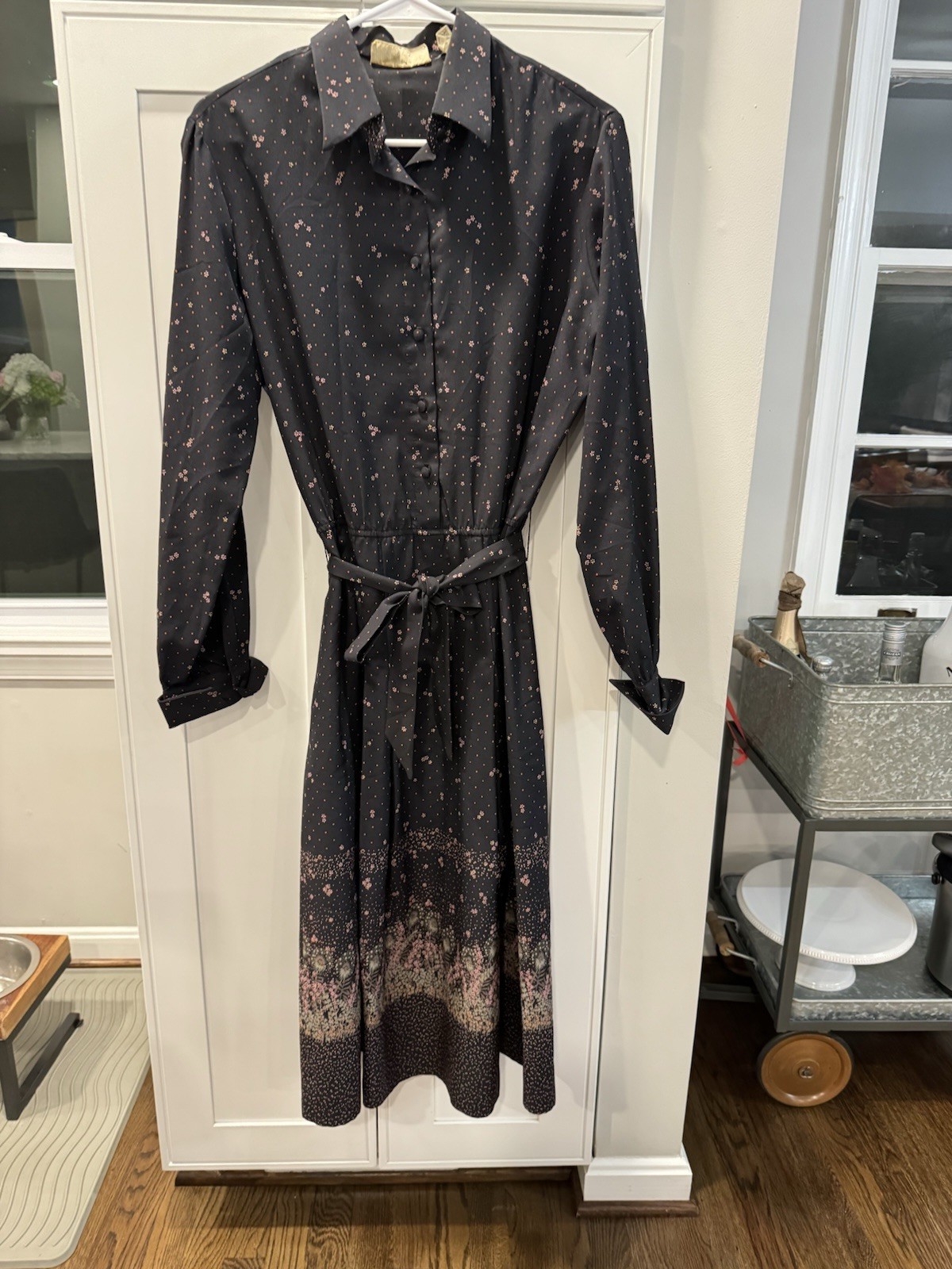 Vintage LANVIN Micro Floral Sheath Shirt Dress Size 14
