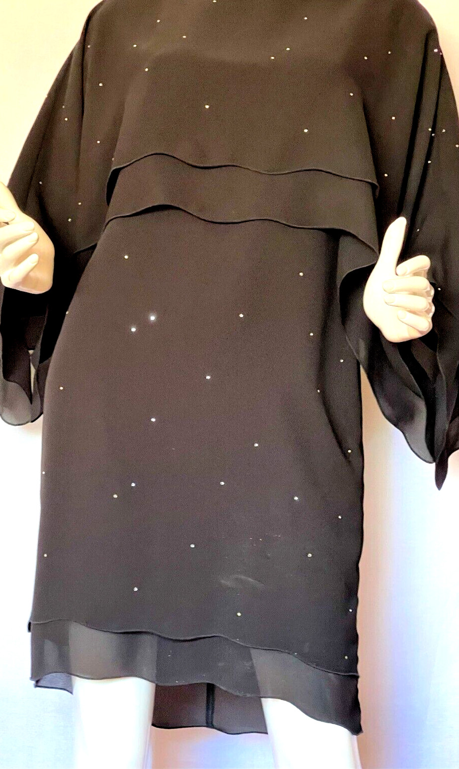 Vintage 80s Holly Harp Black Layered Dress W/Rhinestones /Scalloped Edges SZ 12
