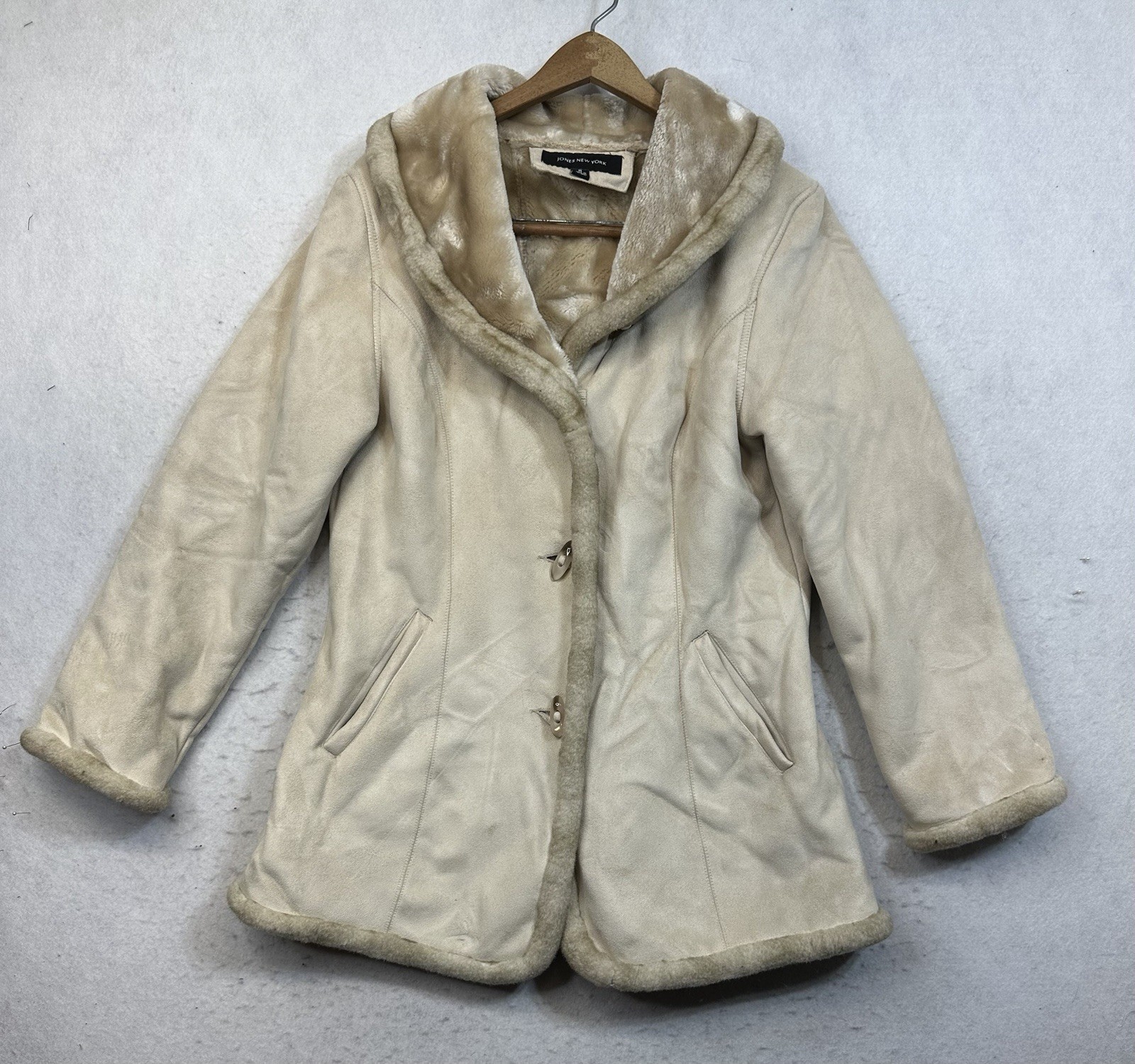 Vintage Jones New York Womens Size M Tan Brown Faux Fur Suede Coat Jacket