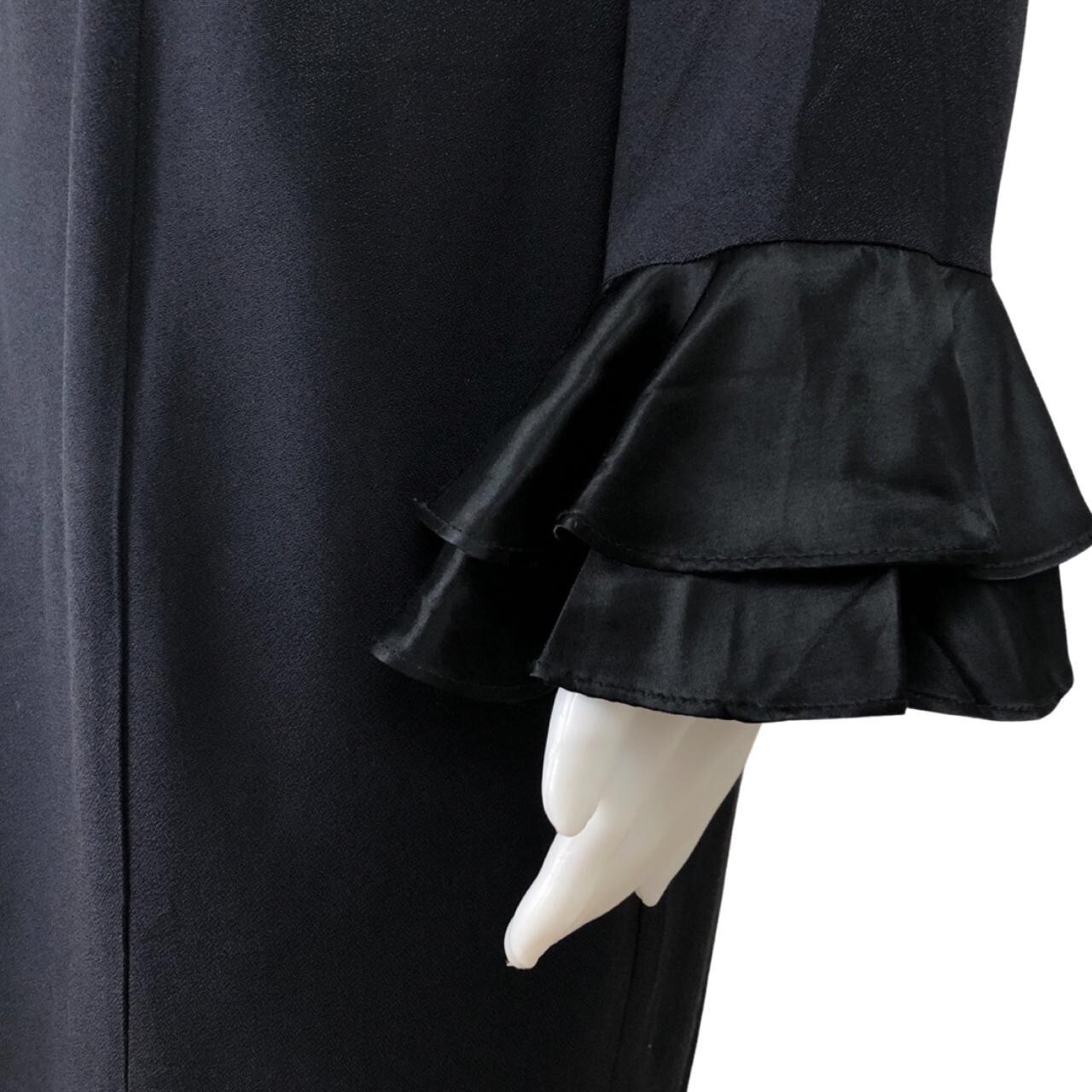 Vintage Black Cocktail Dress Size Medium 1990s Crepe Sheath with Ruffle Cuffs