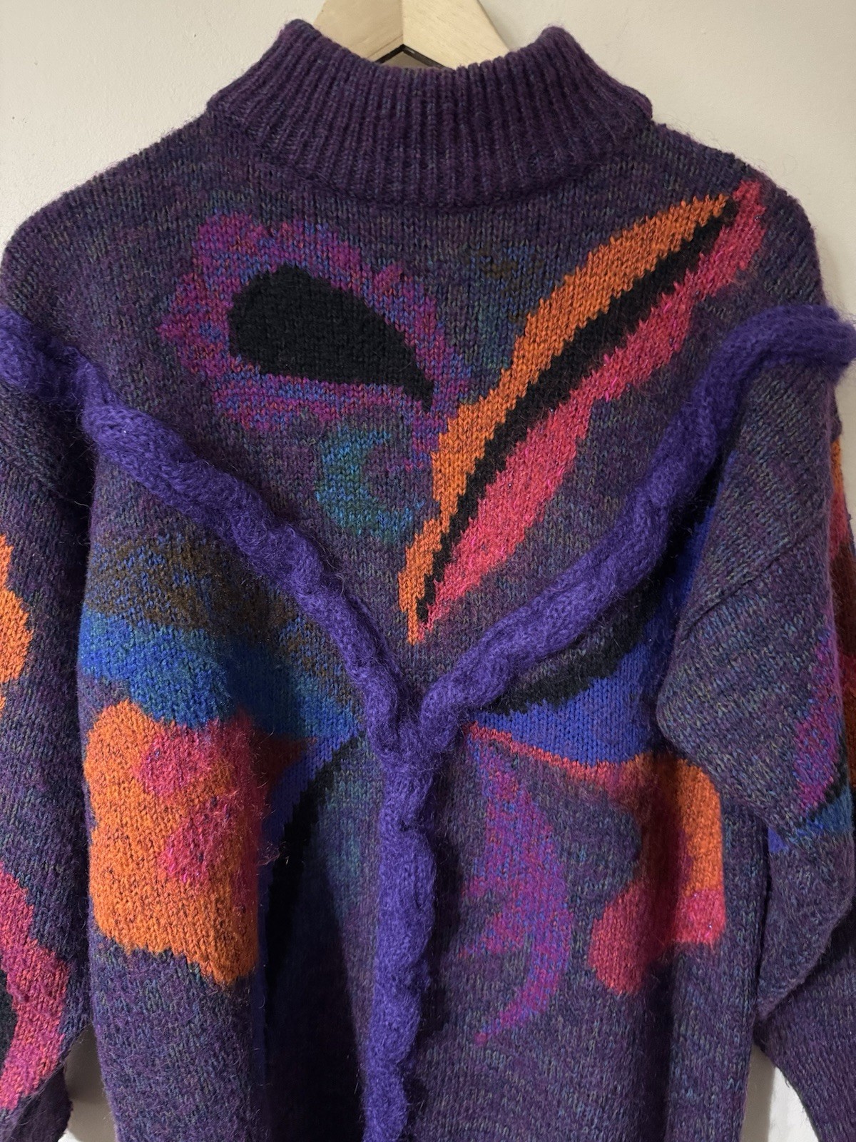 Vintage 80s MARIEA KIM Purple Flower Power Wool Blend Mock Turtle Neck Sweater M