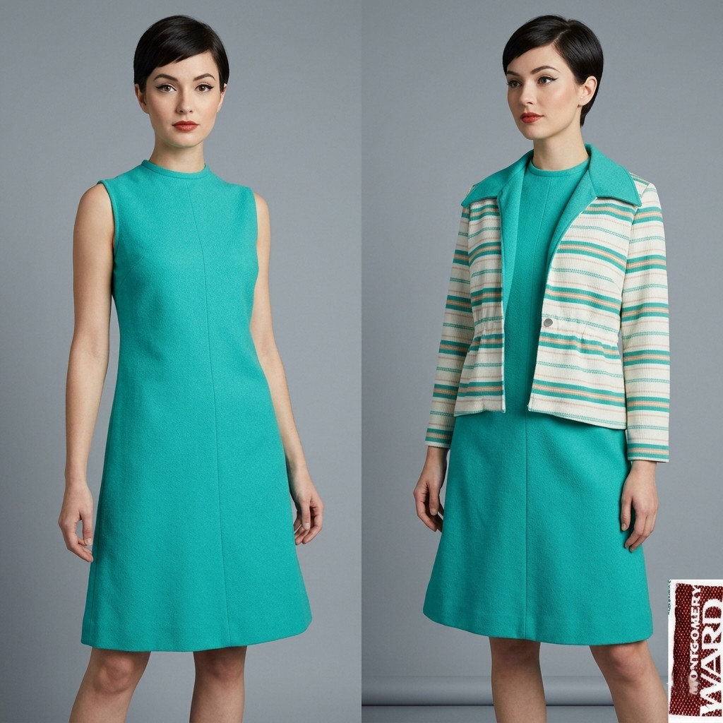 M Vintage 1960s Montgomery Ward Turquoise Dress + Jacket Set Mid Century MCM 60s