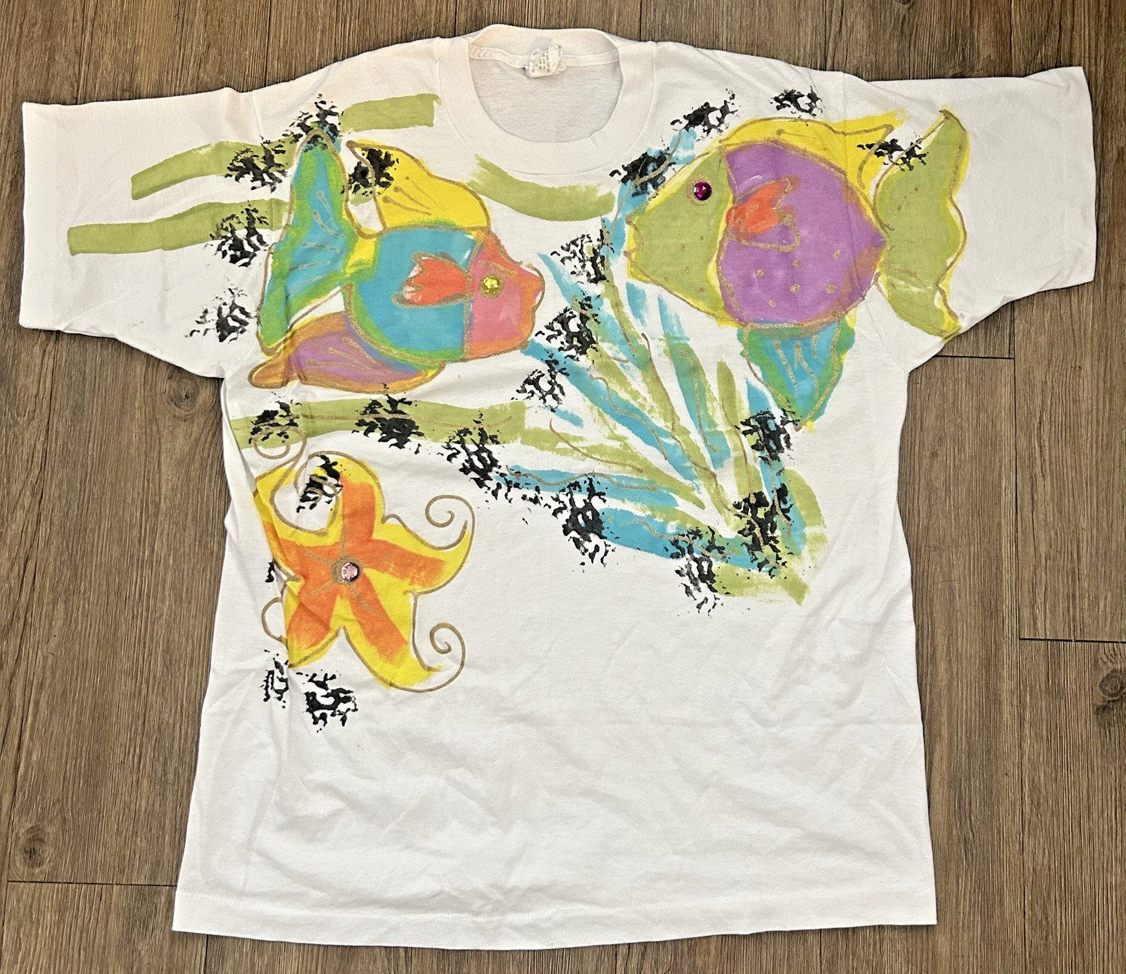 Vintage Single Stitch Graphic Tee by INDIA INK Fish Sea Bedazzled Glitter USA