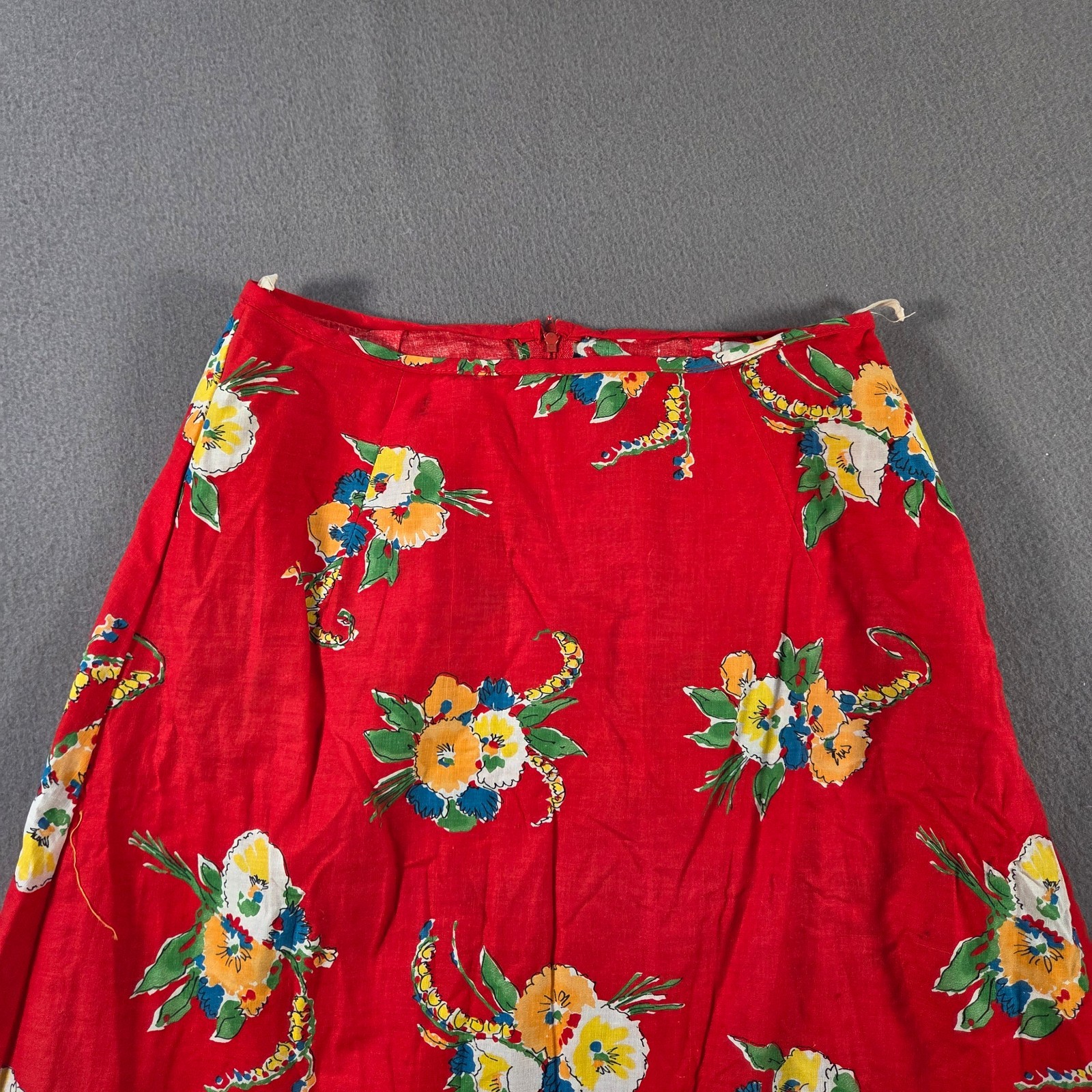 Vintage Floral Skirt Womens 28″ Red Maxi Flare Lace Trim A Line Dance 80s