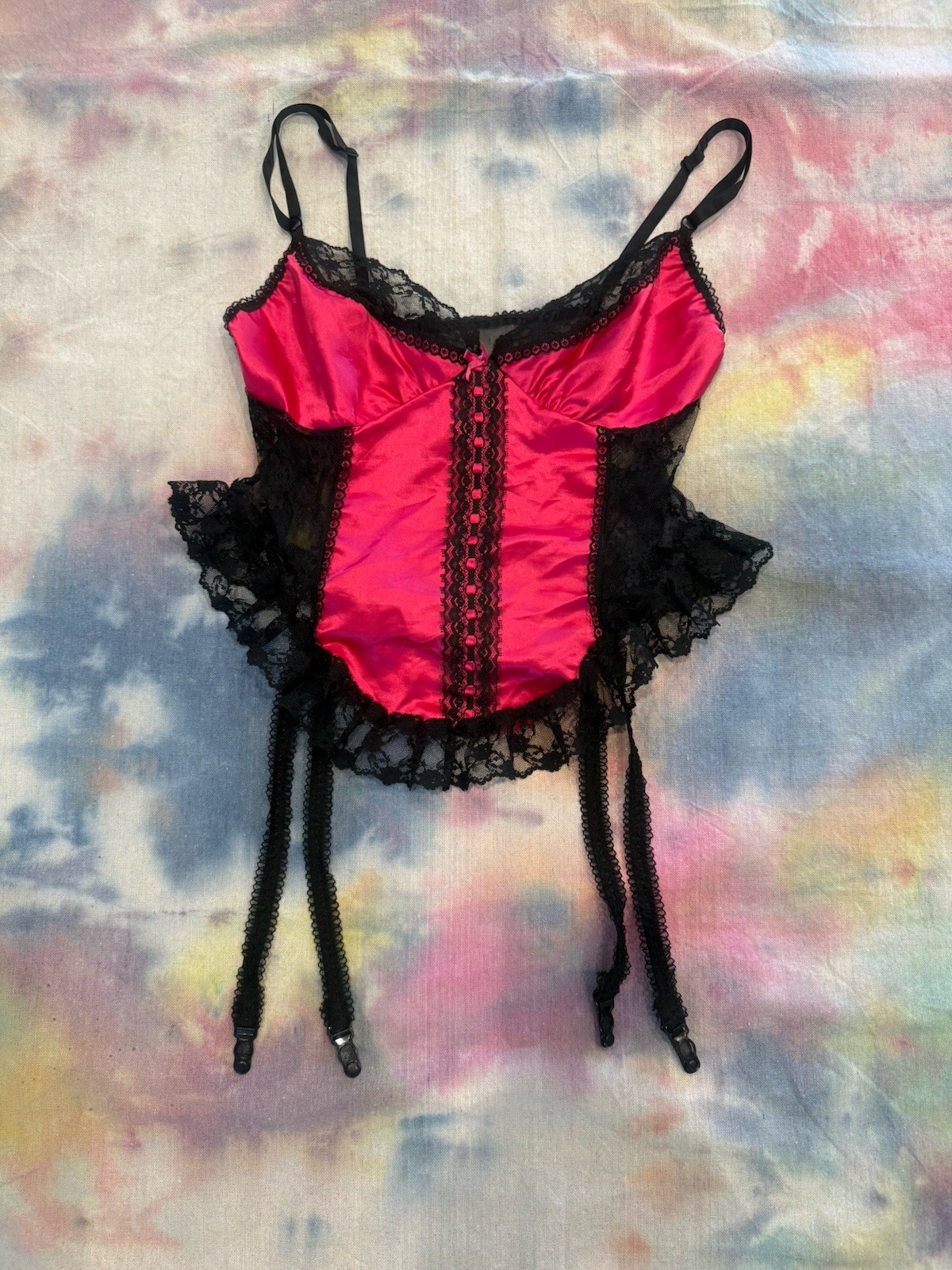 Vintage 80’s Hot Pink and Black Gartered Teddy by Alana Gale Size Large