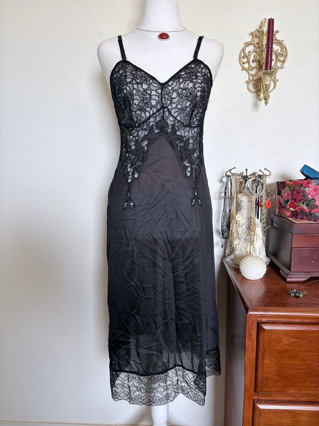 Vintage Black Nylon Lots of Lace Bust Slip Gothic Dress