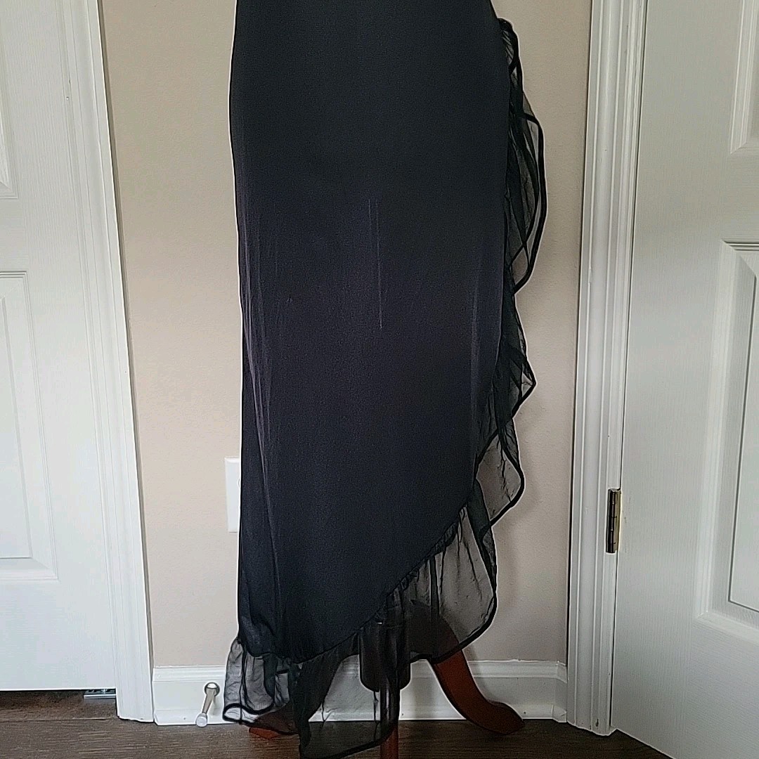 Vtg Lady Cameo Black Ruffle Slip Maxi Dress S Open Slit Lingerie 80s 90s Sheer