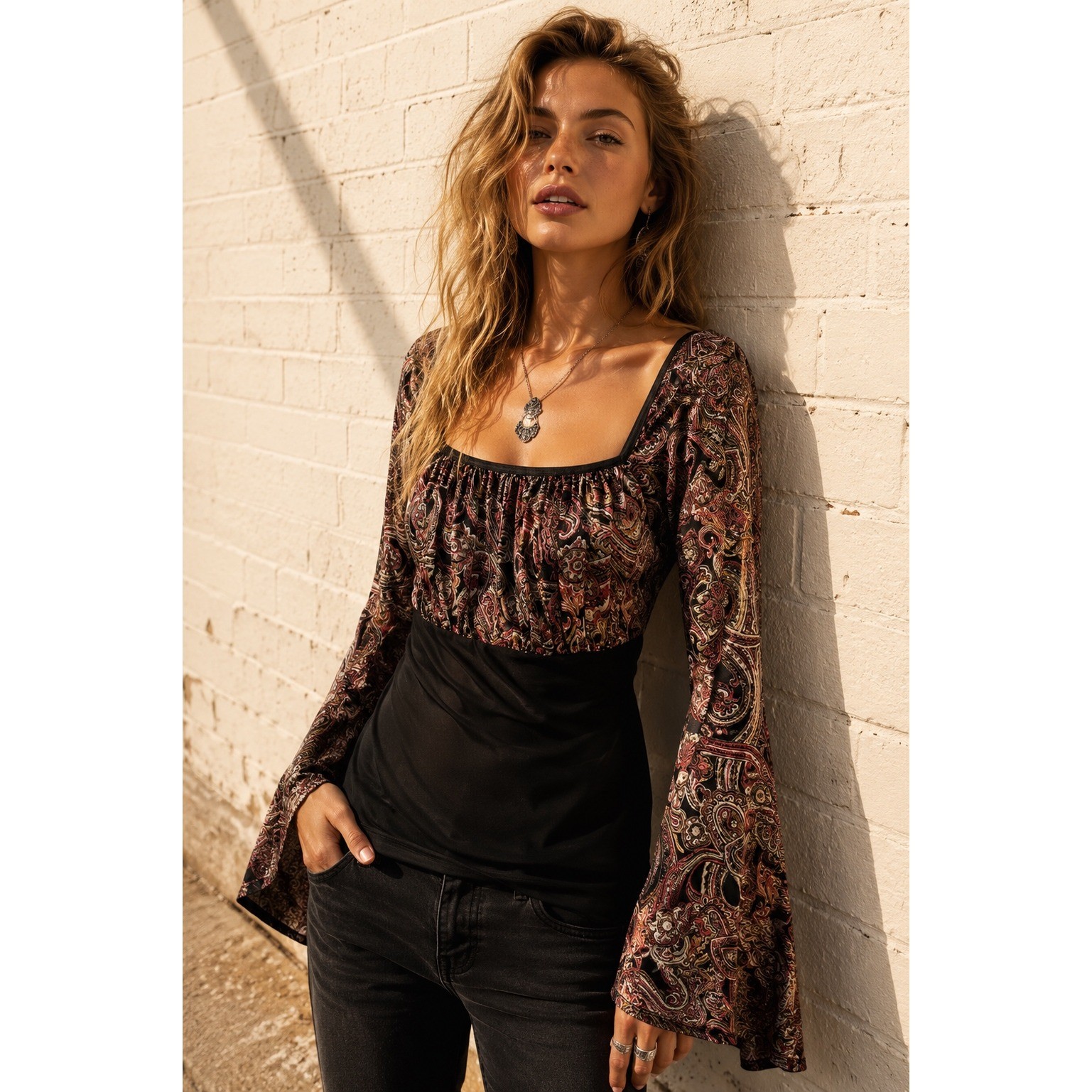 Vintage Eyeshadow Black Paisley Empire Waist Rayon Bell Sleeve Boho Top XL