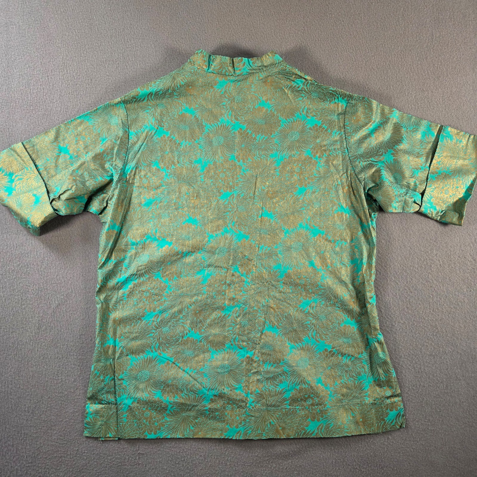 Vintage Dutchmaid Top Womens 38 Green Floral Gold Painted Asian Traditional 70s