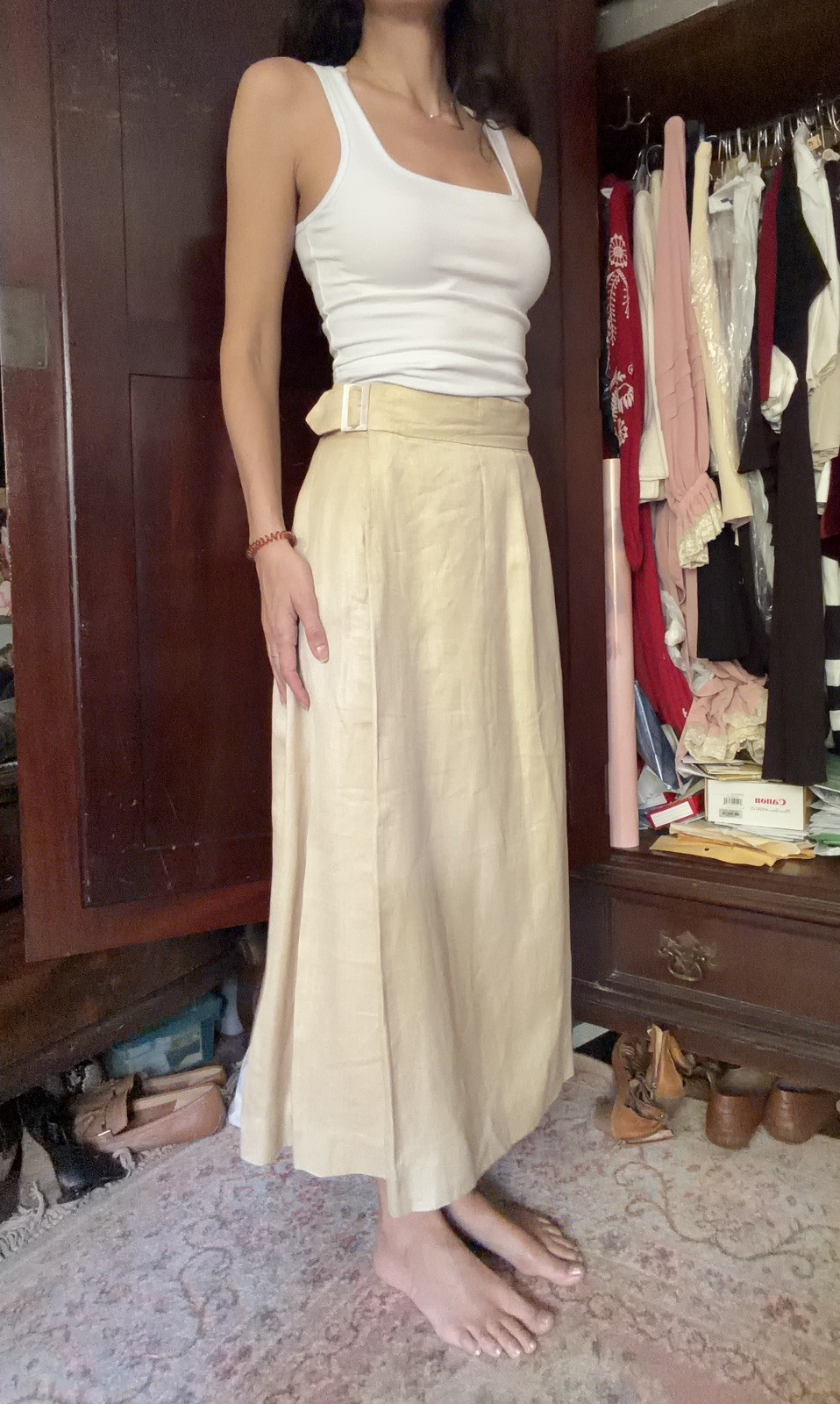 Vintage 1983 Perry Ellis Henri Bendel 100% Linen Wrap Midi Skirt Beige