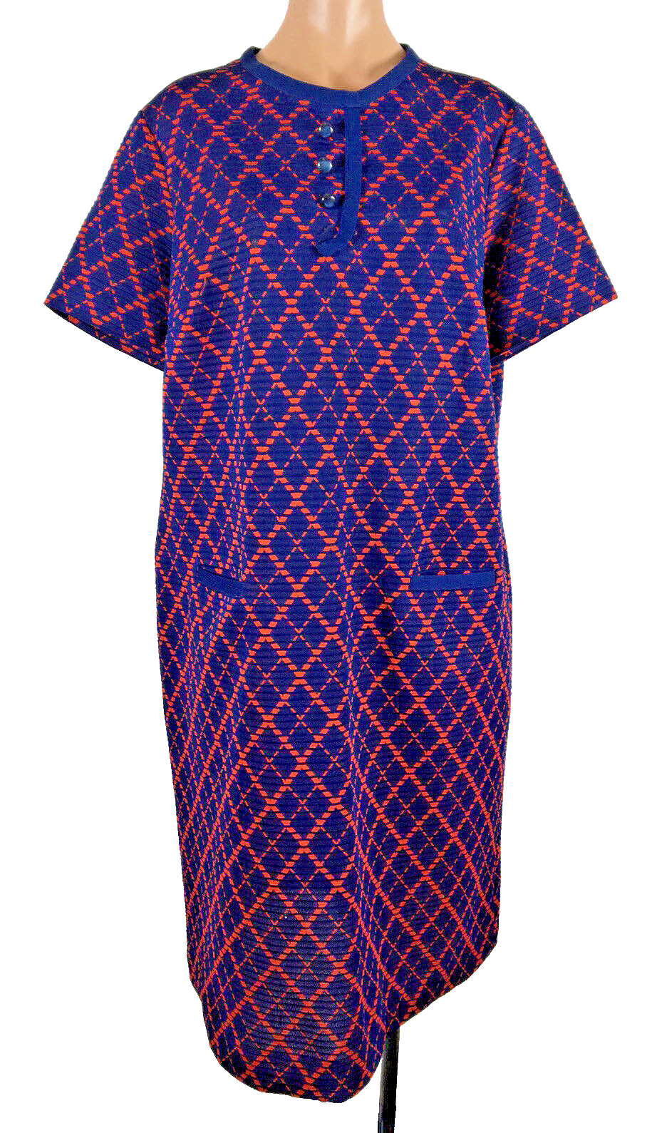 Vintage 60s 70s Meera Brooke Shift Rayon Dress Blue Red Textured Mod GOGO L/XL