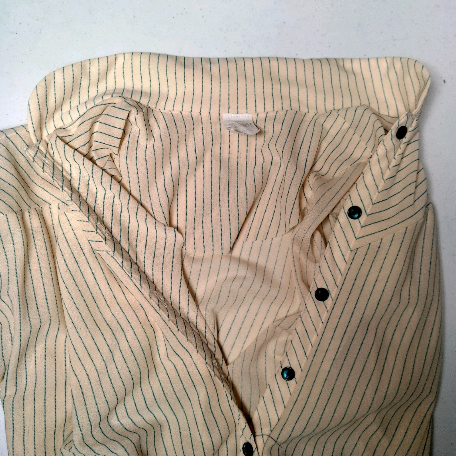Vintage 1970s Dress Size 7 Ivory Blue Stripe Button Up Collar Belted Secretary