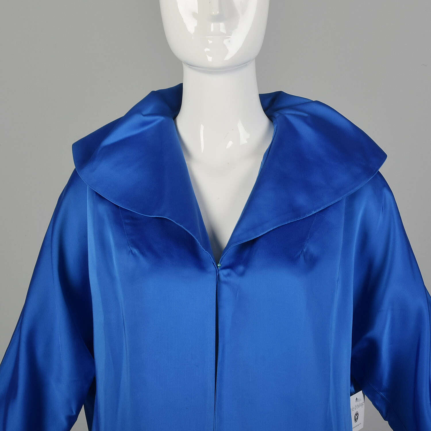 Small 1950s Clutch Coat Blue Satin Bracelet Batwing Sleeves Wide Collar VTG 50s
