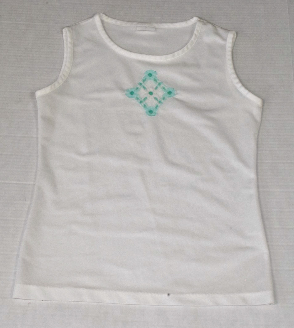 Vintage Sleeveless Top Size S 60s White Turquoise Lace Diamond Applique