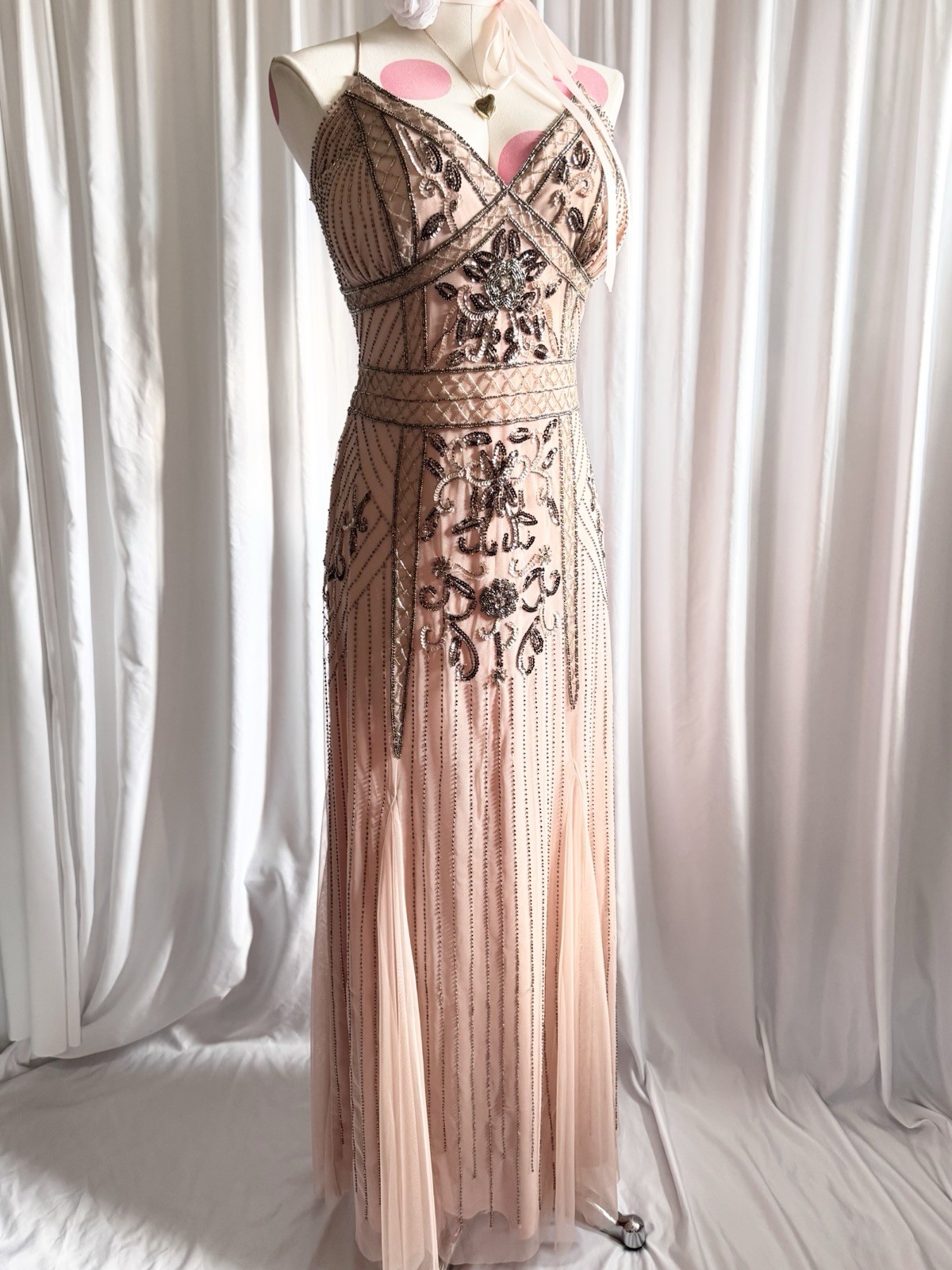 Vintage Pink Silver Fairy Beaded Sequin Ruffle Princess Formal Gown Dress 15/16