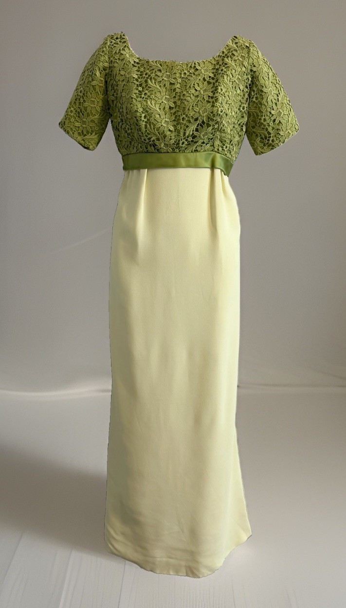 Vintage 60s Maxi Dress M/L Green Crochet Yellow Long Short Sleeve Union Made
