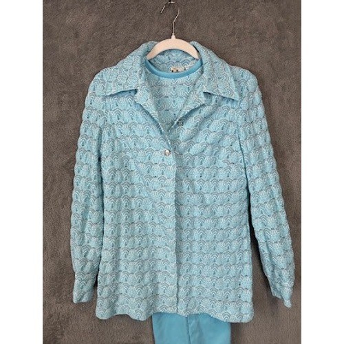 Vintage Marty Gutmacher 70s 3 Piece Set Blue Lace Knit Jacket Shell Pants Suit