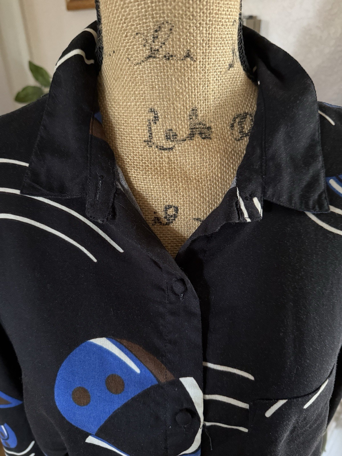 Vintage 80s Women’s SANTA CRUZ Collar Blouse Button Down BLACK ROYAL BLUE Size L