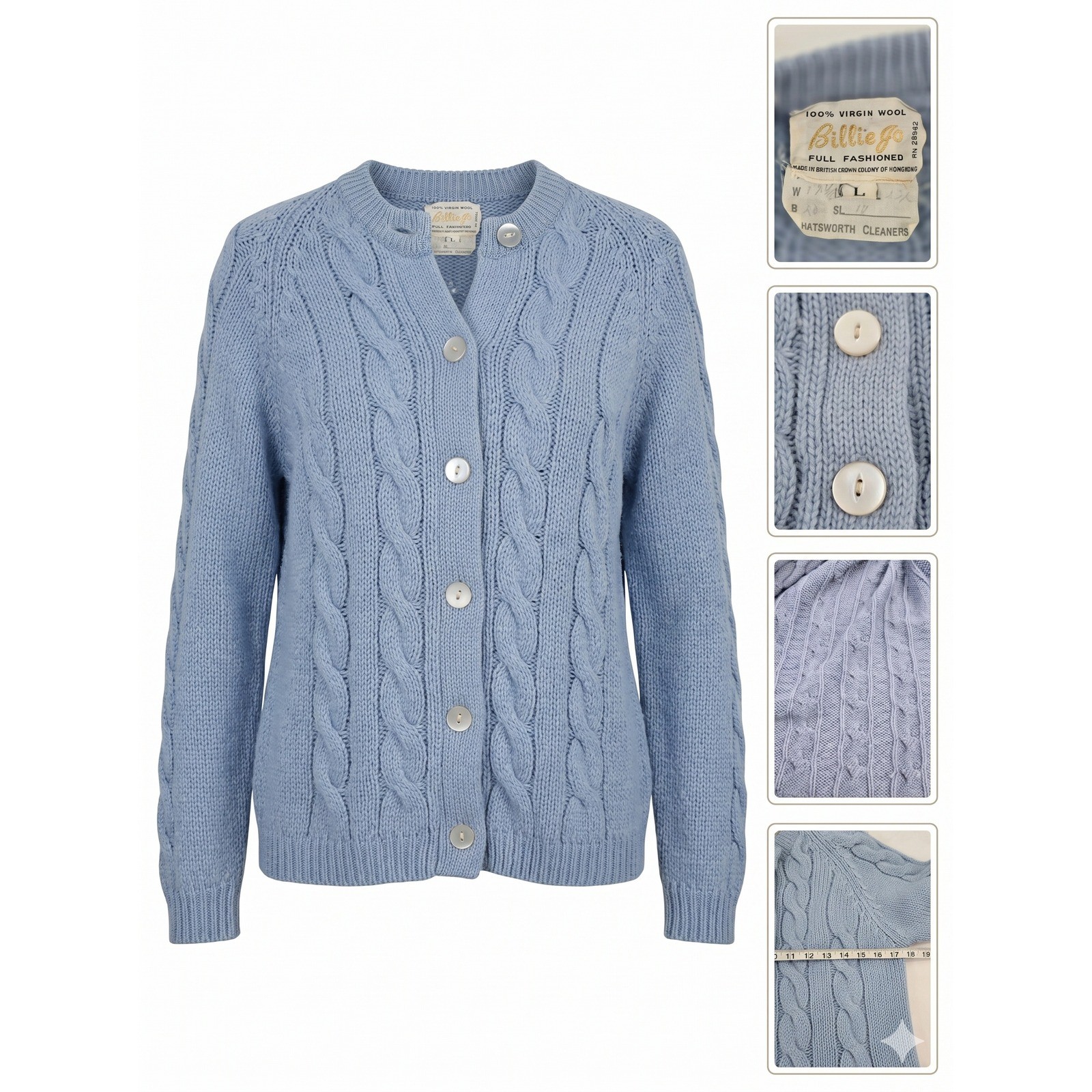 Vintage Billie Jo Blue Wool Cardigan Sweater L Large Cable Knit Hong Kong 70s