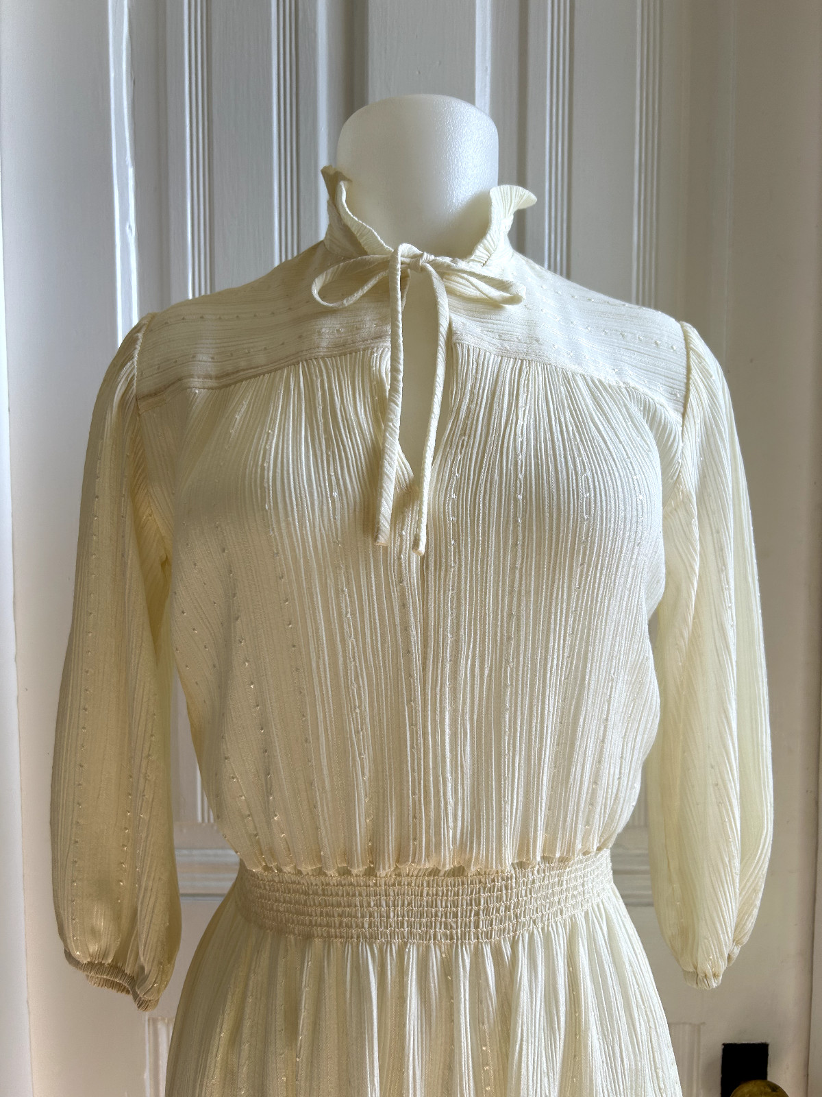 70s 80’s Gunne Sax Style Dress S/M Cream Gauzey Translucent Vintage 26 stretch