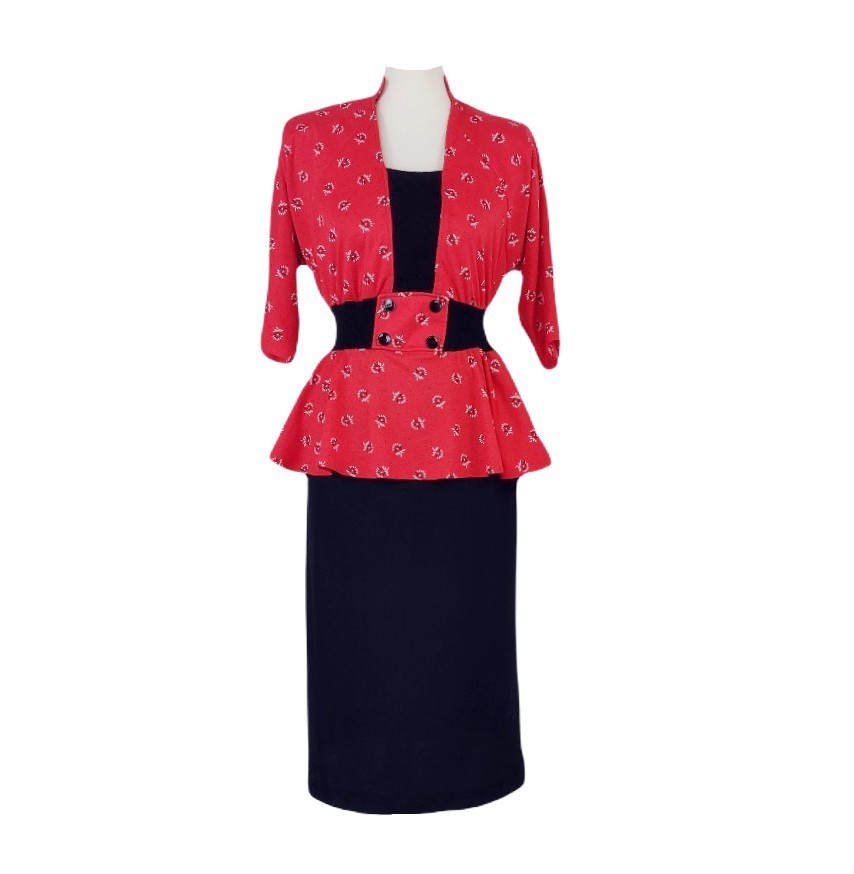 Vintage 80s/40s Dress Small Red Black Jersey Knit Peplum Dolman Sleeve