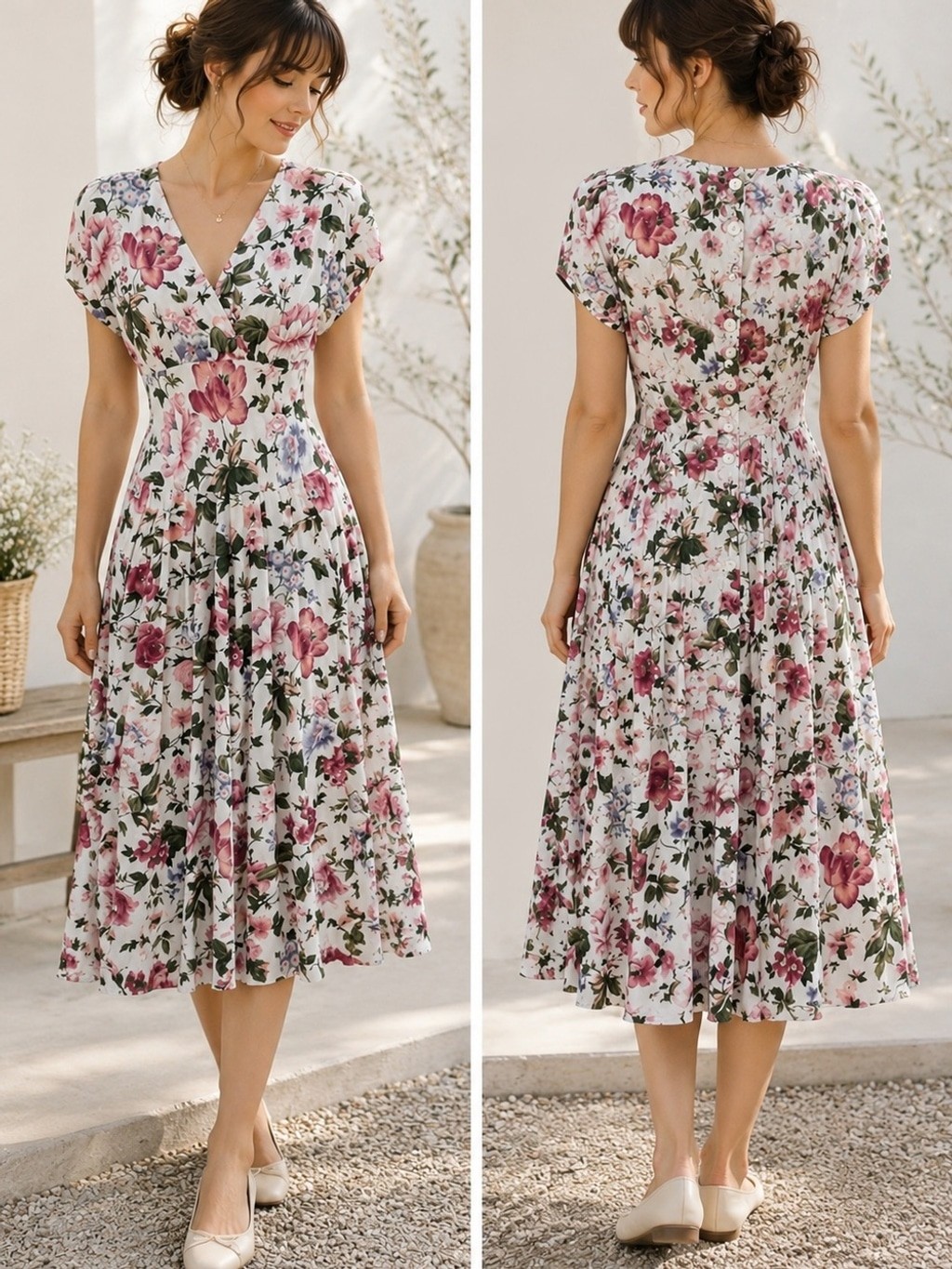 Vintage 80s Floral Midi Dress Romantic Cottagecore Rayon Acetate Fit Flare 5/6