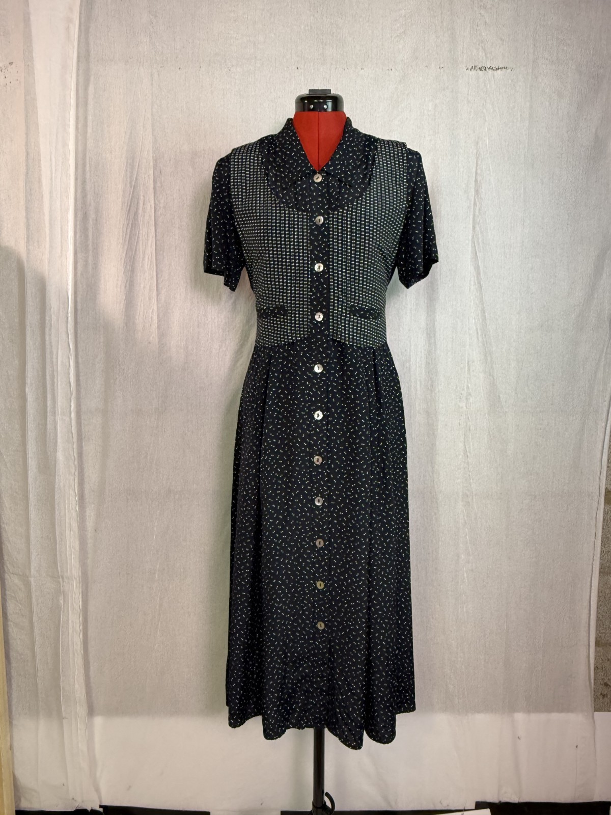 Vtg 80s Karin Stevens Black Dress Size 12 Petite COTTAGECORE Embroidered F784