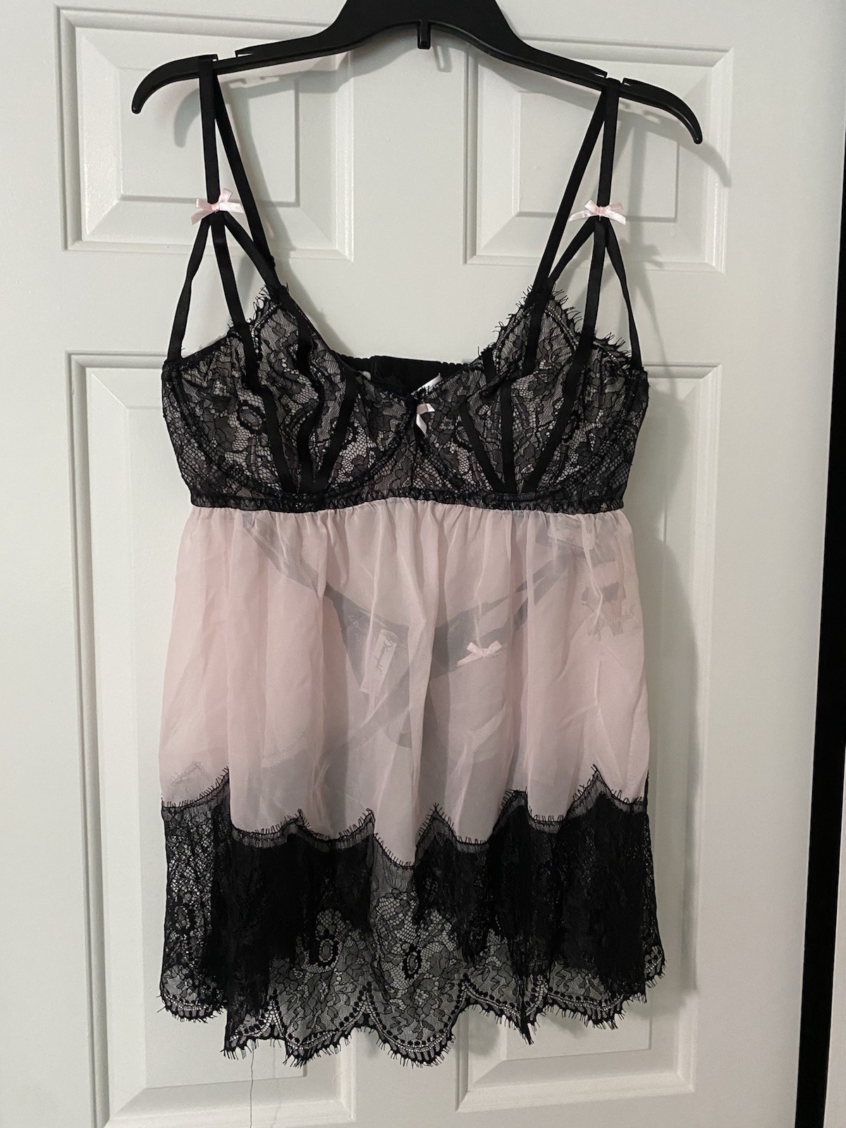 Lovers Vintage Babydoll Pink-Black 2 Piece Lingerie Matching G-string 1x/2x