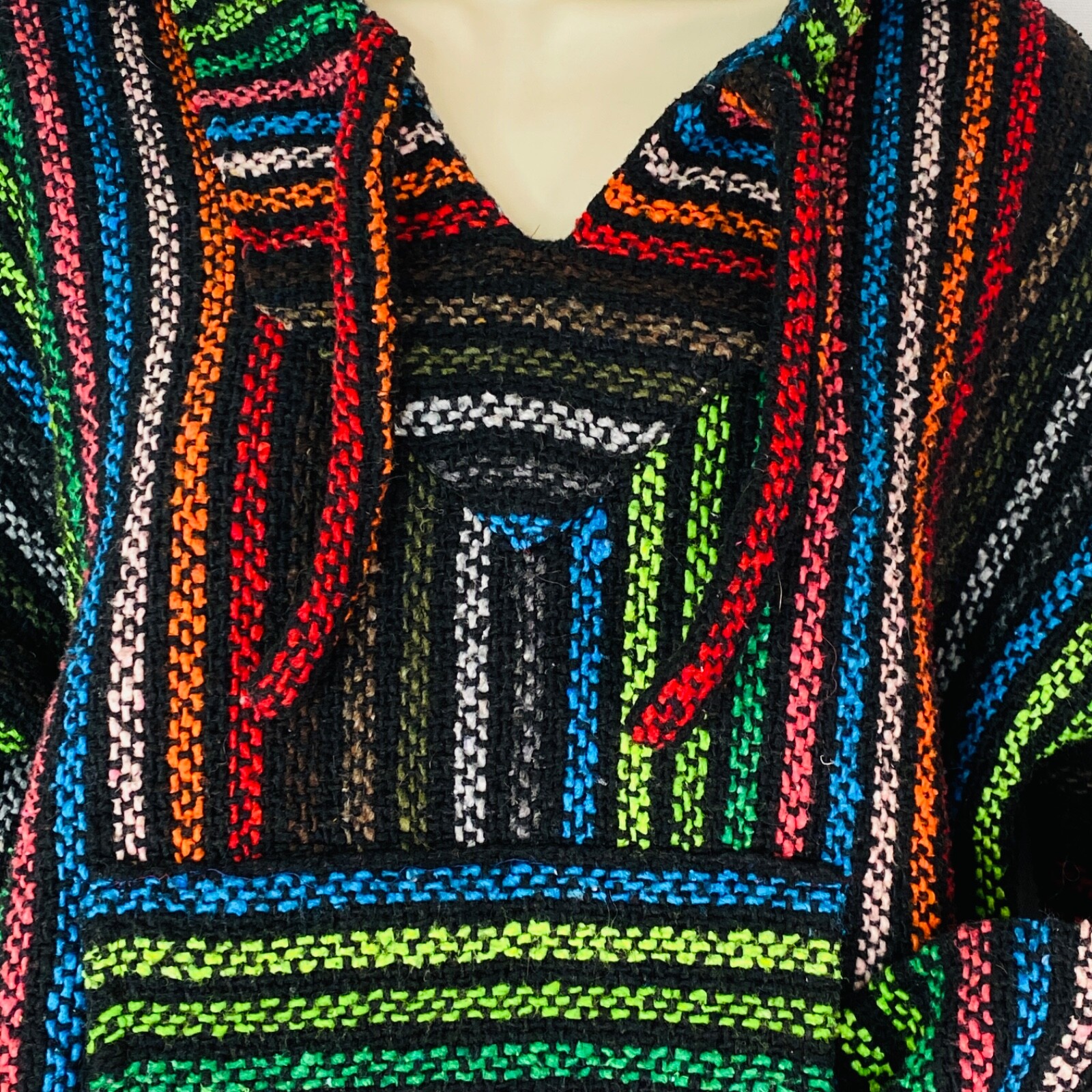 Vintage 1990s rainbow striped hoodie, Mexican rug cotton pocket hood woven M