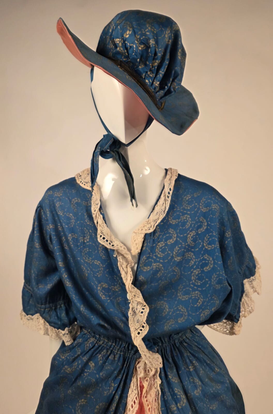 1920’S 3 PC GOLD STENCIL POLONAISE COSTUME DRESS W MATCHING HAT IN 18TH C STYLE