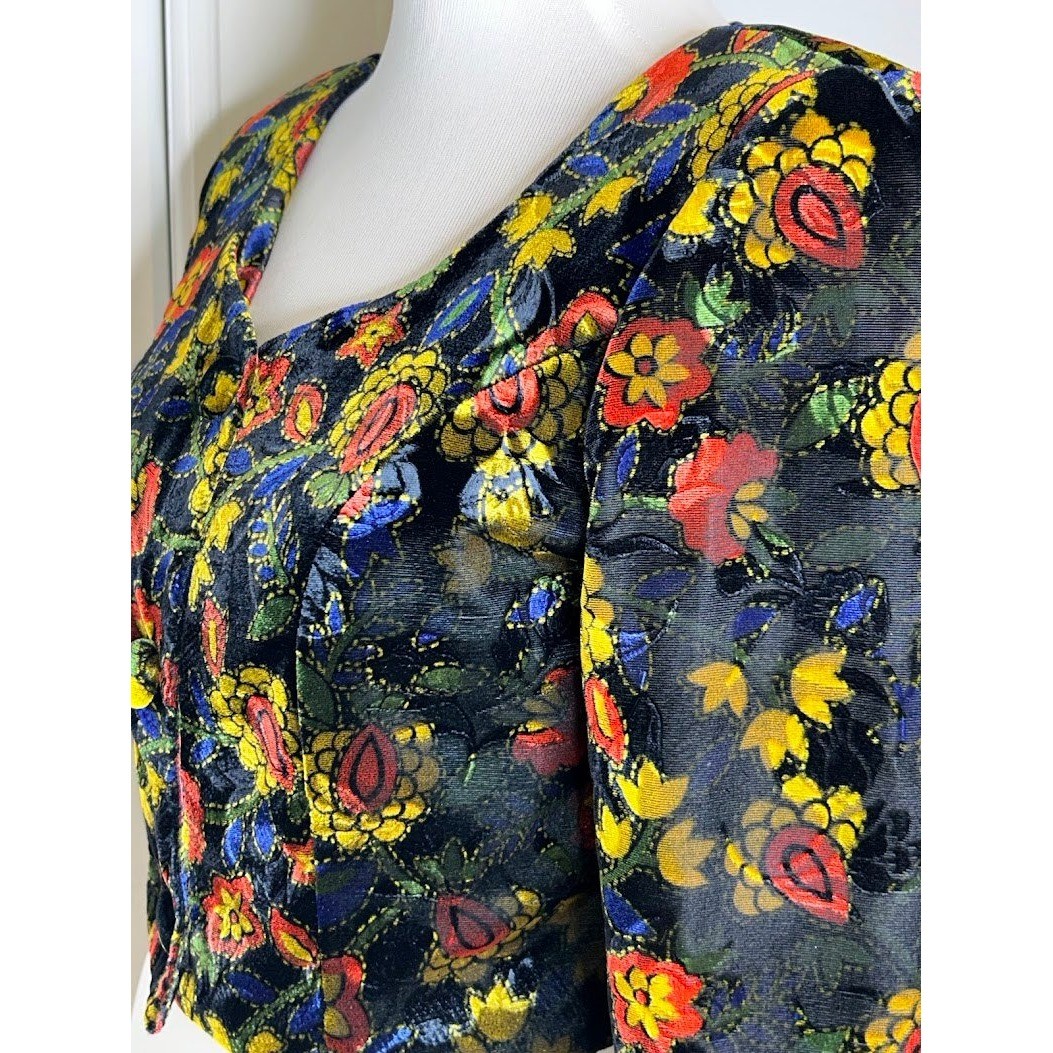 Vintage French Connection Floral Velvet Burnout Cropped Jacket Multi-Color 90s M