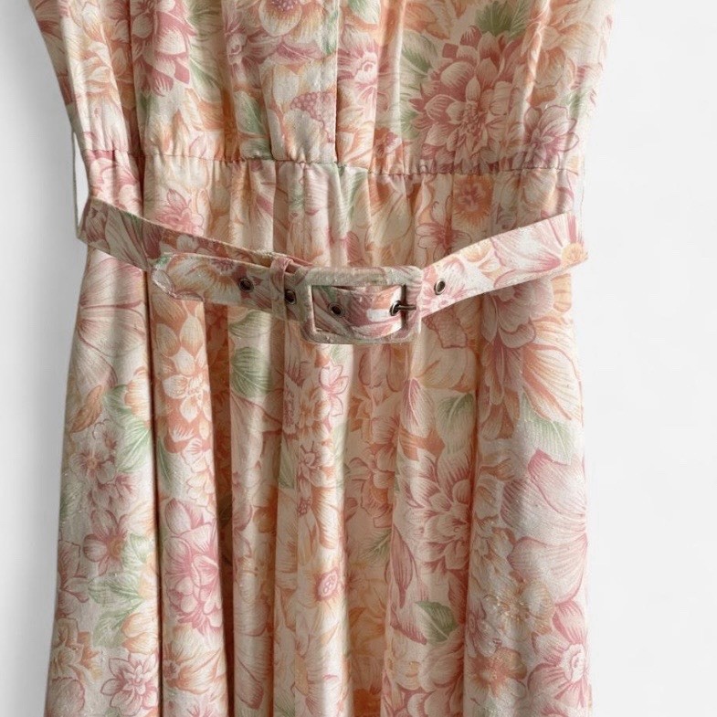 Vintage Floral Shirtwaist Midi Dress Belted Pink Cottagecore Tea Dress