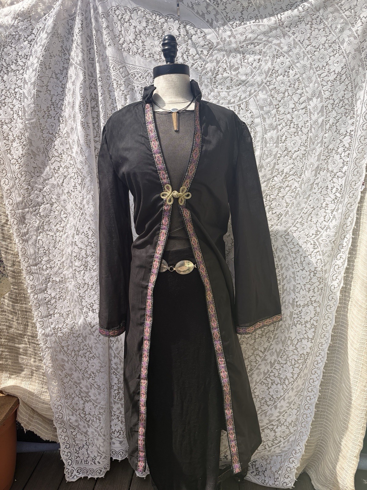 Vintage 70s Black Cotton Maxi Robe Jacket Boho Asian Style Trim Womens M
