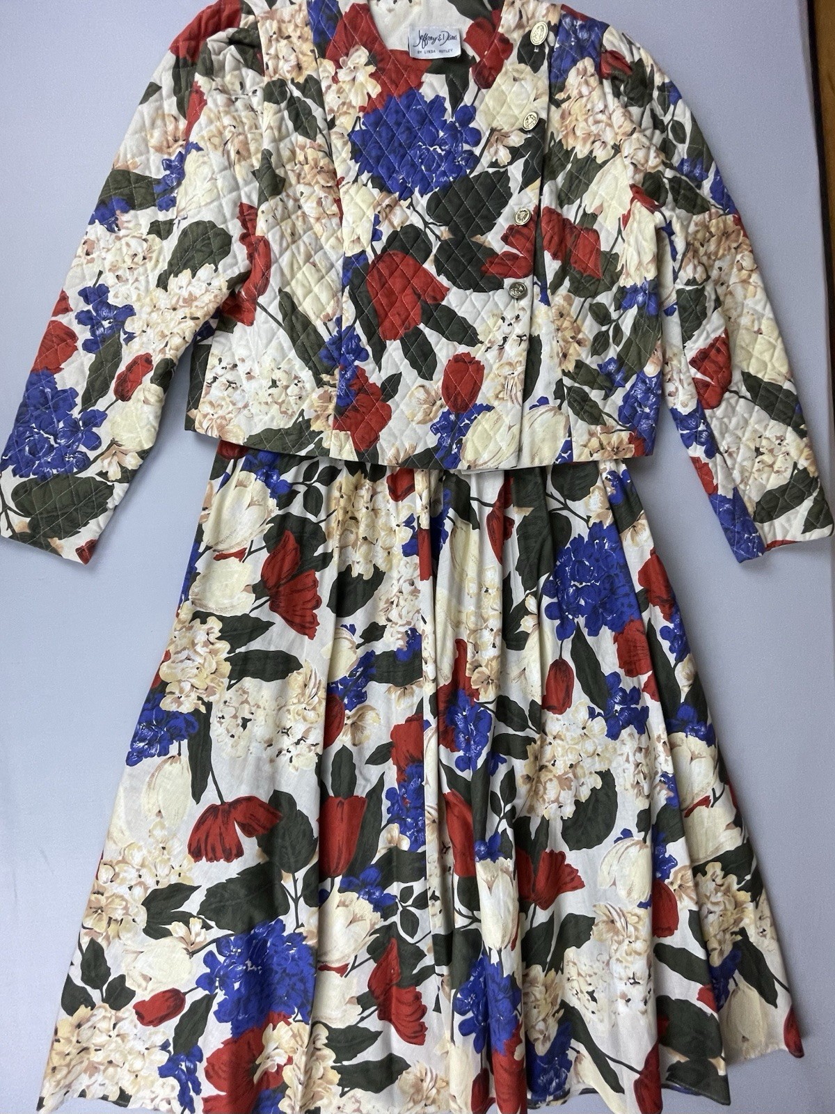 Jeffrey & Dara 2 Piece Vintage Dress 80’s Quilted Women’s Sm Bold Floral Print