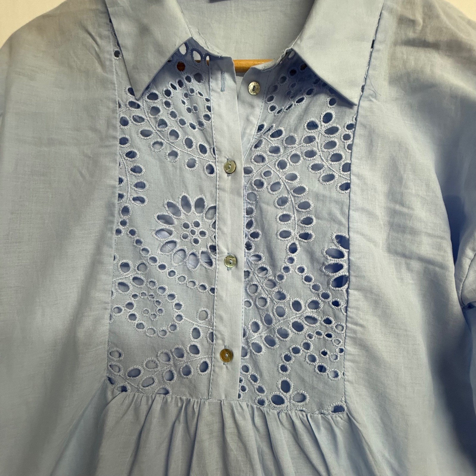 Zara Womens S Blue Eyelet Embroidered Tiered Shirt Dress Long Sleeve Cutwork