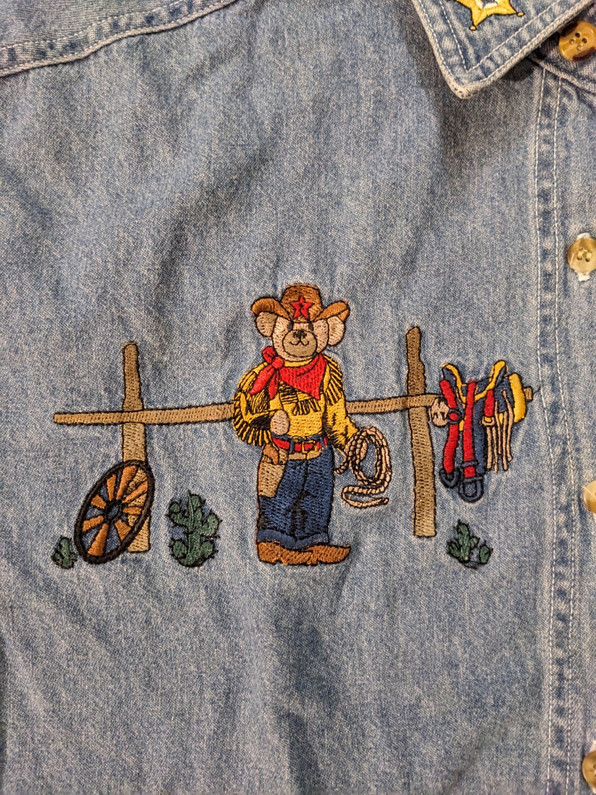 Vintage Let’s Quizz Again Embroidered Button Up Denim Shirt Cowboy Teddy Bears M